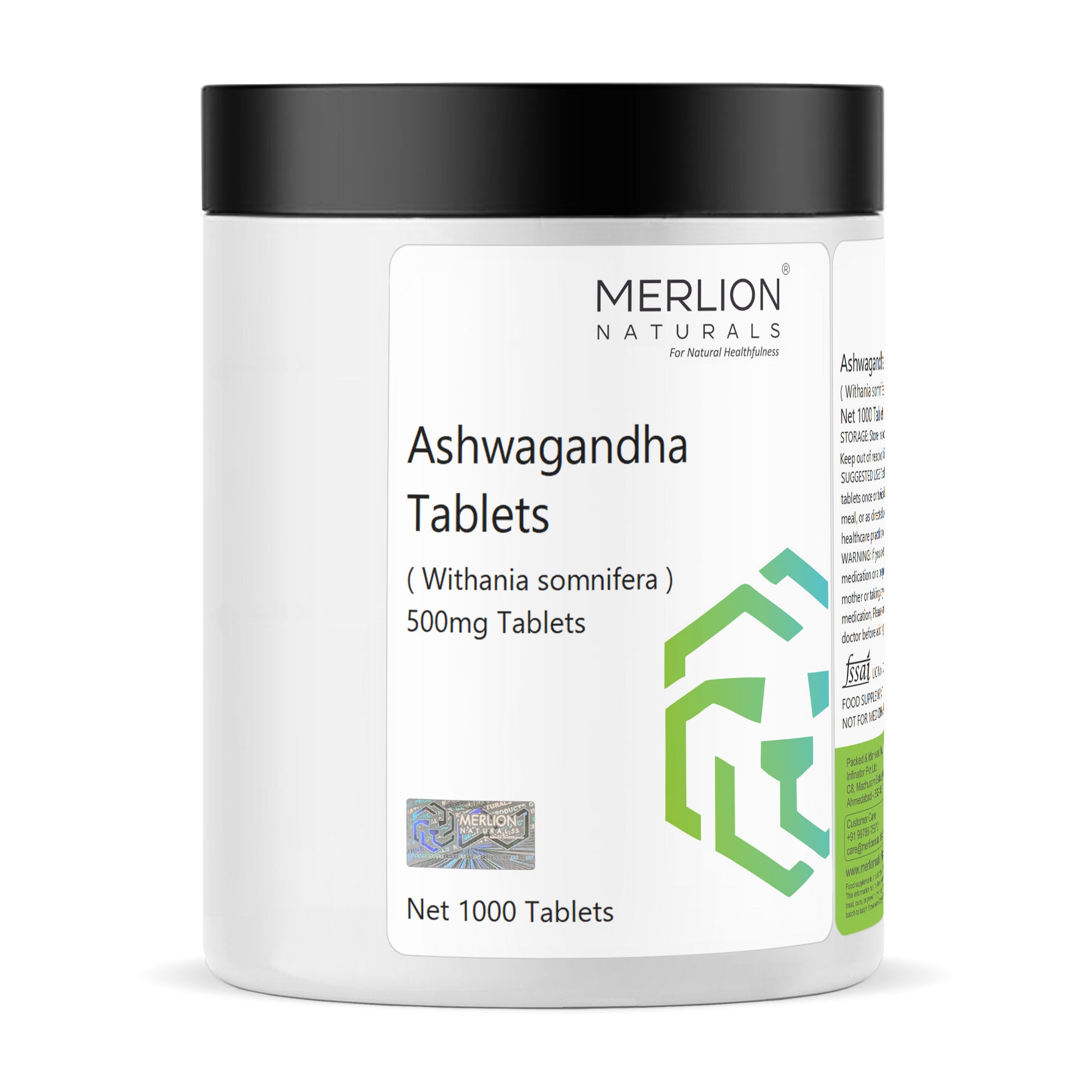Merlion Naturals Ashwagandha Tablets 500mg (1000 Tablets), Front View view, Stress Relief, Energy Boost, Brain Health