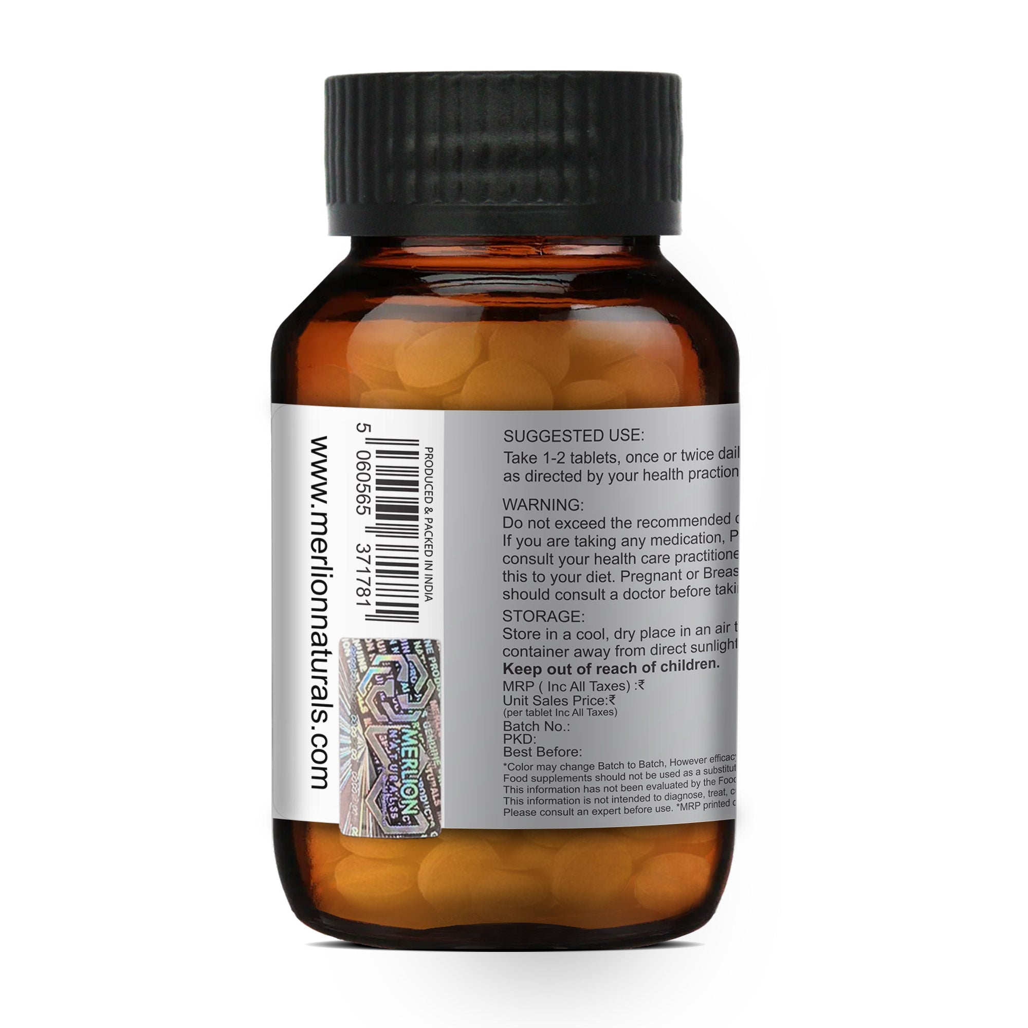 Merlion Naturals Bael Pulp Tablets 500mg (120 Tablets), Side View , Digestion, Gut Health, Constipation Relief