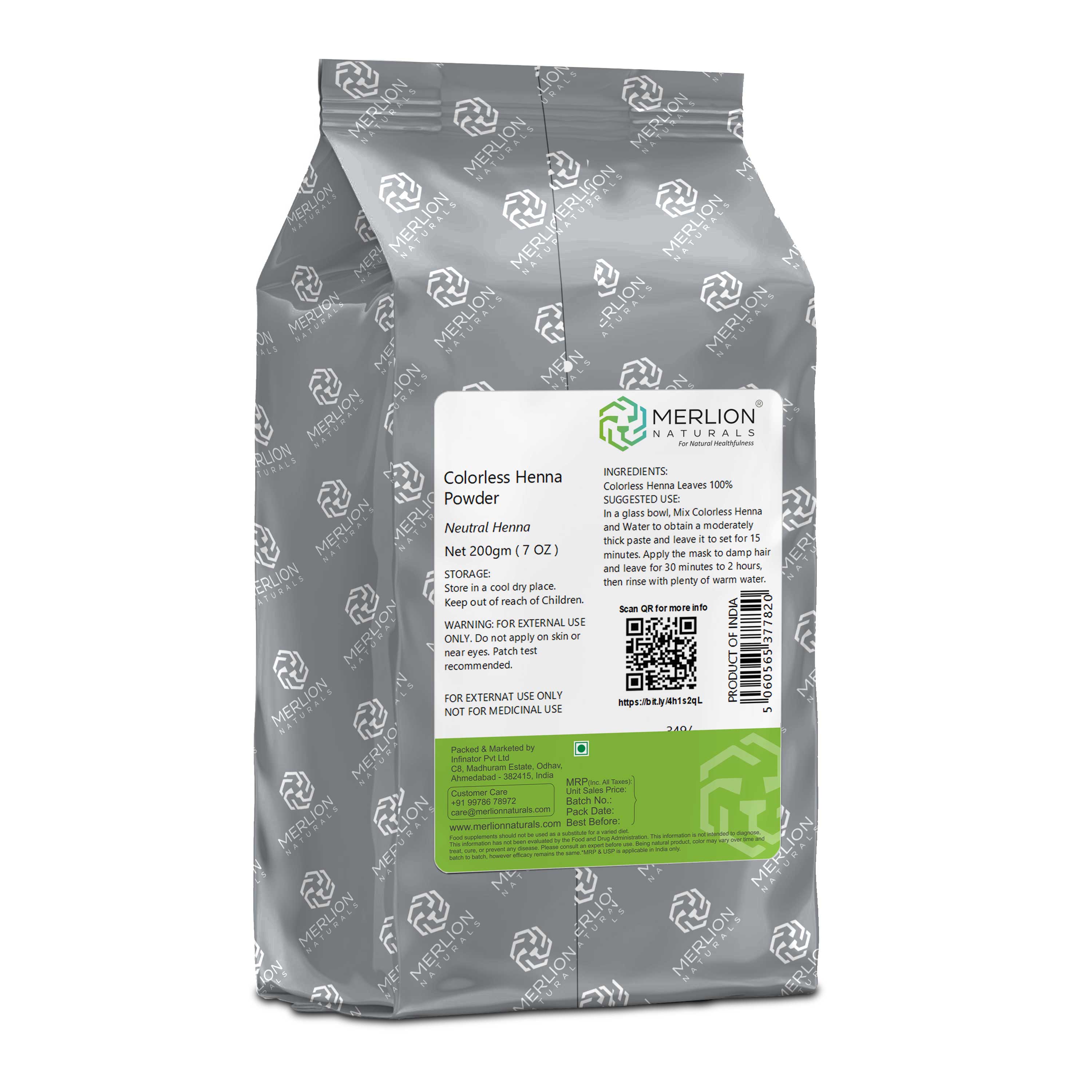 Merlion Naturals Colorless Henna Powder 200gm, Back view, Hair Strengthening, Dandruff Control, Deep Conditioning