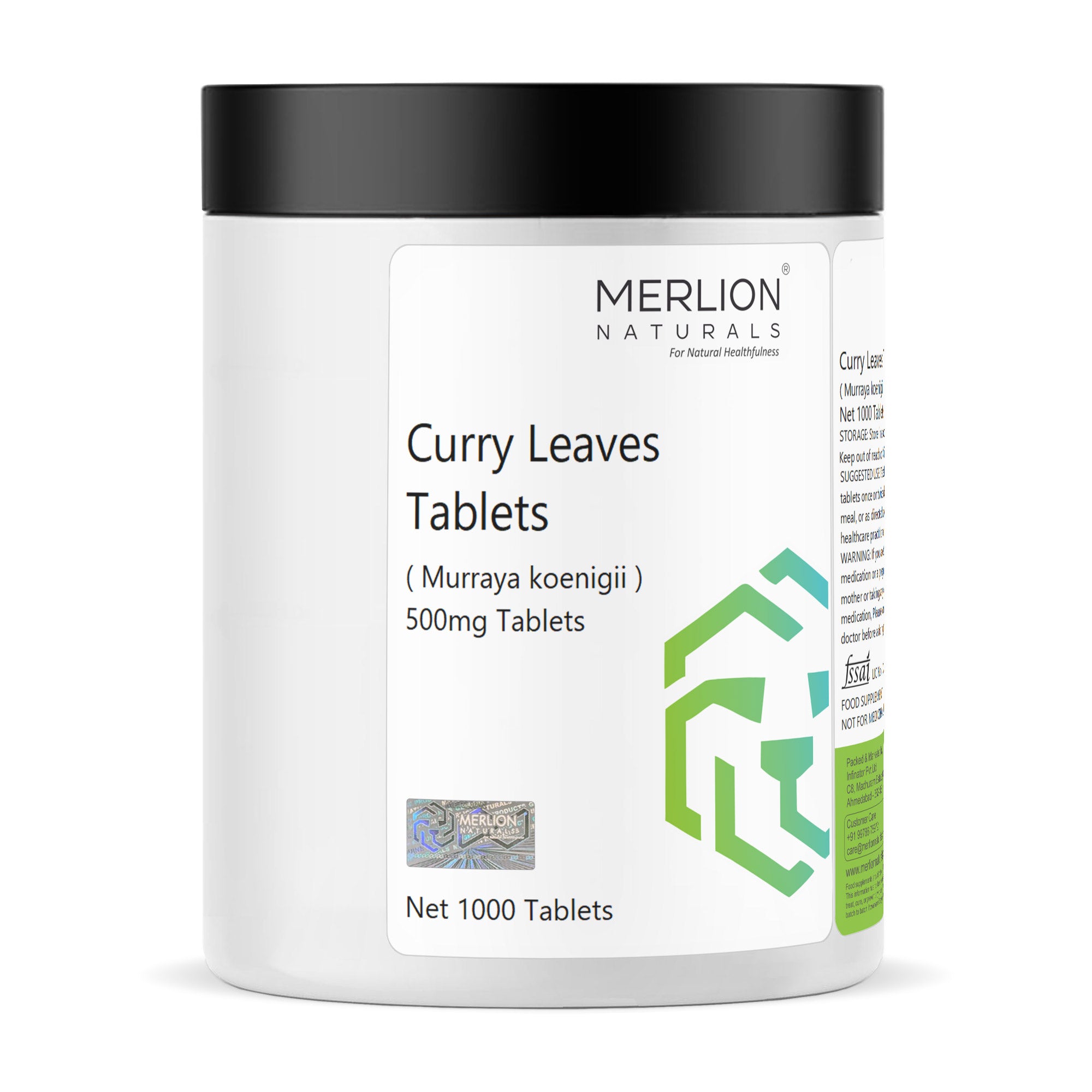 Merlion Naturals Curry Leaves Tablets 500mg (1000 Tablets), Front View view, Hair Growth, Digestion, Immunity