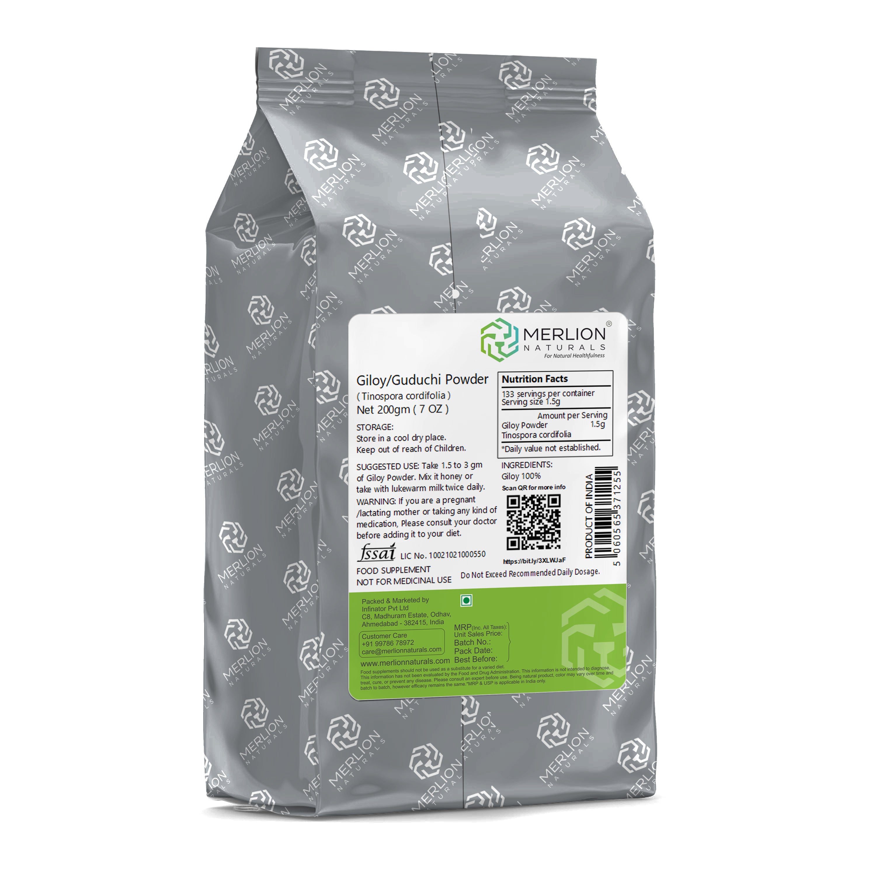 Merlion Naturals Guduchi Powder 200gm, Back view, Immunity, Detox, Anti-inflammatory, Skin Health, Digestion