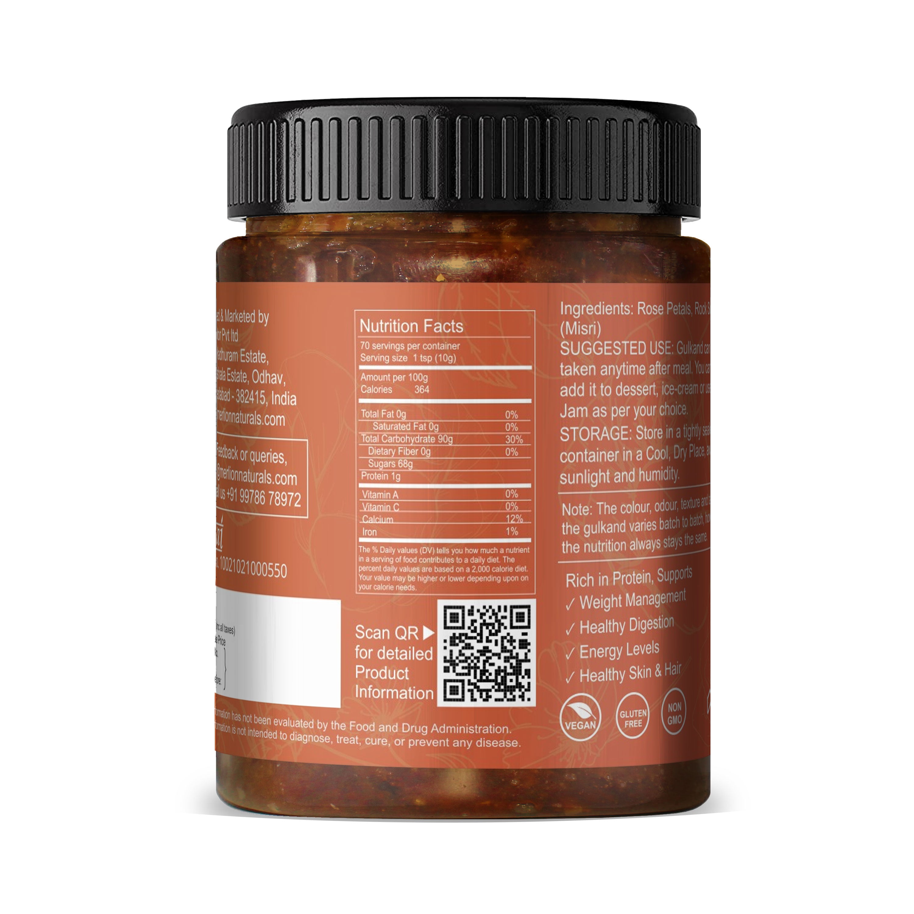 Merlion Naturals Rose Petals Jam - Gulkand 700gm, Back view, Cooling, Skin Glow, Body Balance, Stress Relief