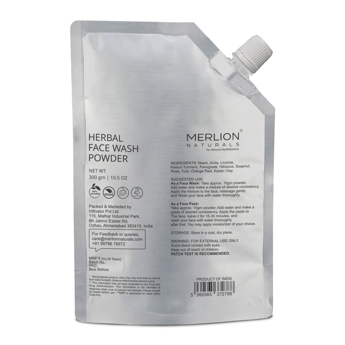 Merlion Naturals Herbal Face Wash Powder 300gm, Back view, Deep Cleansing, Soothing, Brightening, Oil Control, Antioxidant