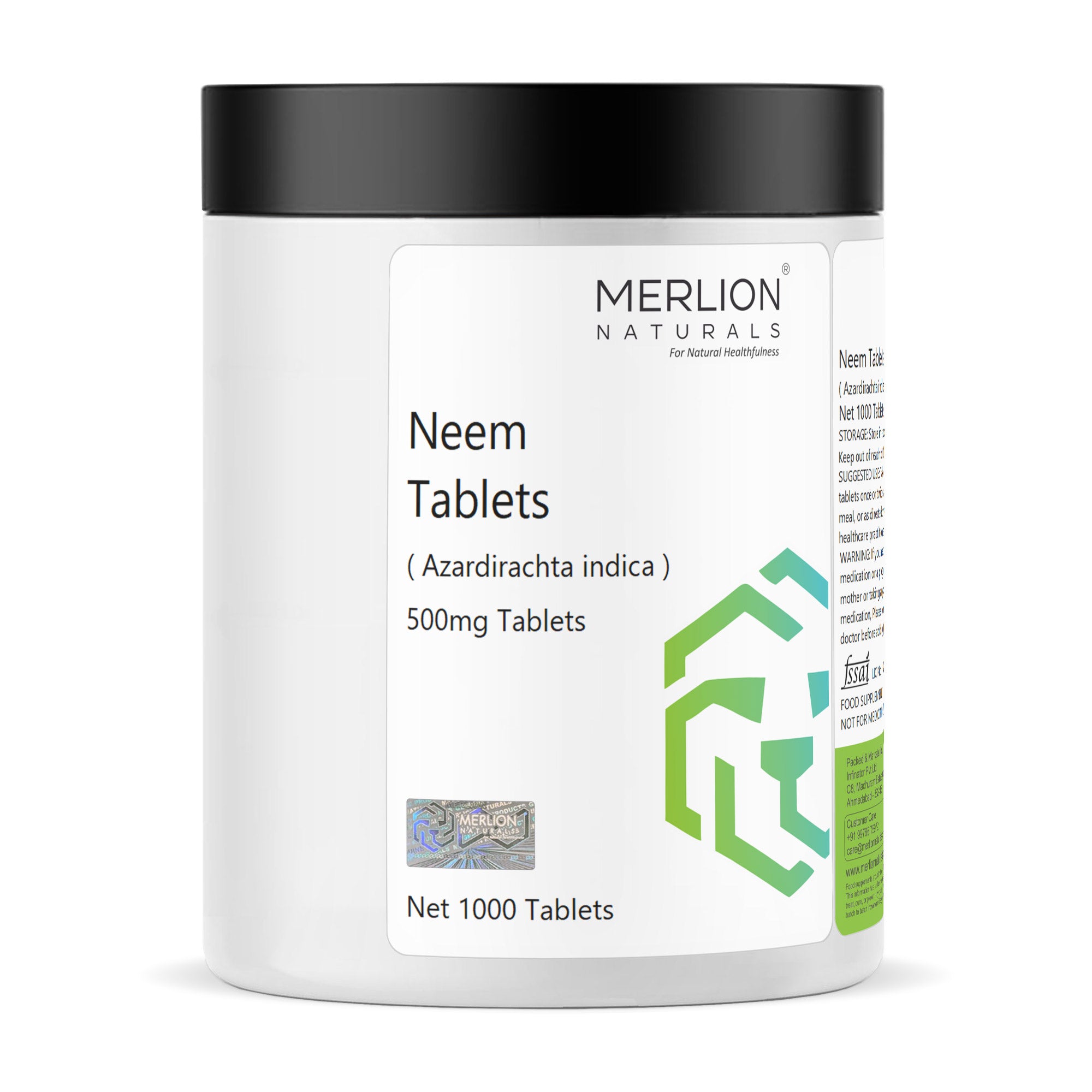 Merlion Naturals Neem Tablets 500mg (1000 Tablets), Front View view, Detox, Antibacterial, Scalp Health, Immunity