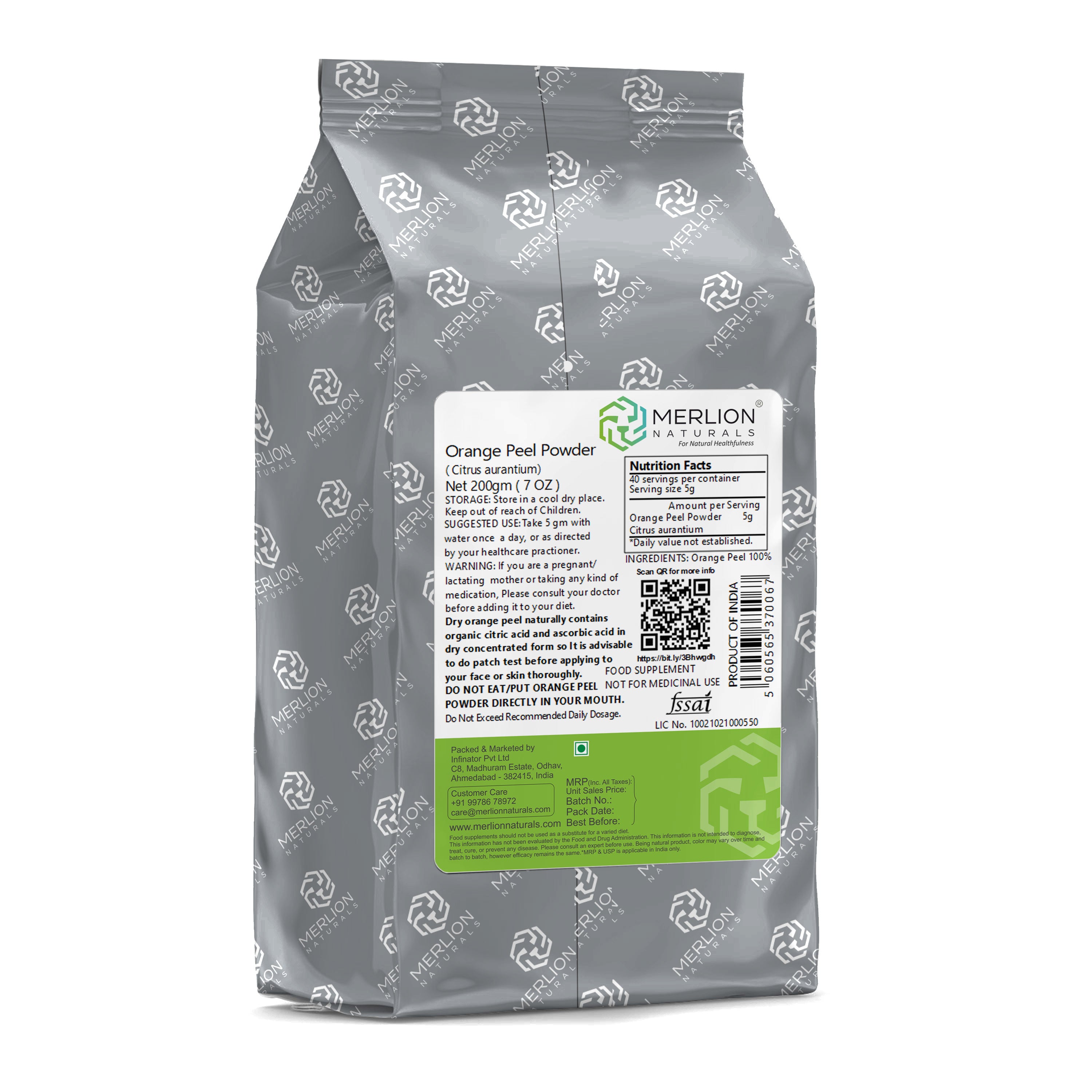 Merlion Naturals Orange Peel Powder 200gm, Back view, Brightening, Exfoliation, Acne Control, Detox, Digestion