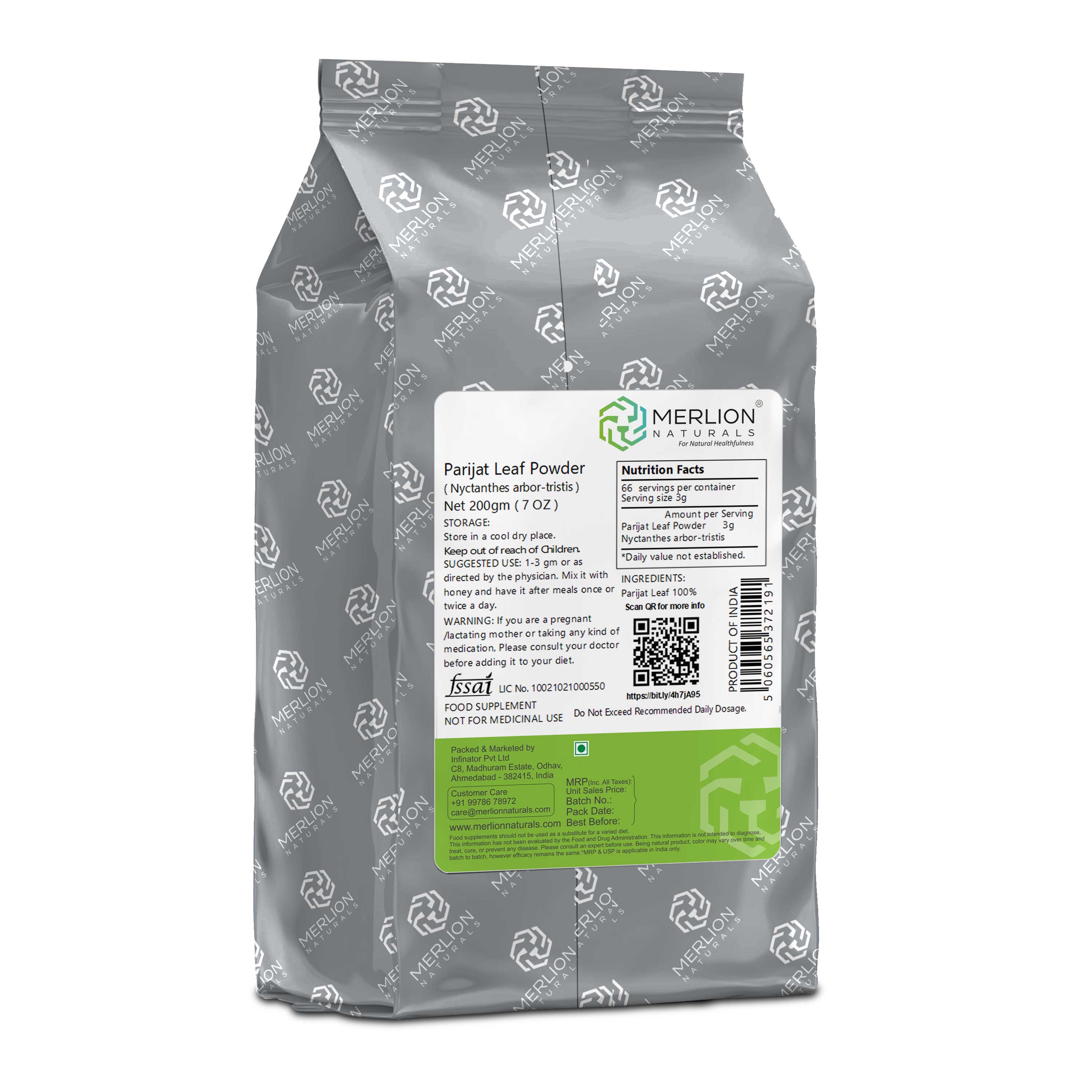 Merlion Naturals Parijat Powder 200gm, Back view, Sleep Support, Anti-inflammatory, Immunity, Skin Health, Detox