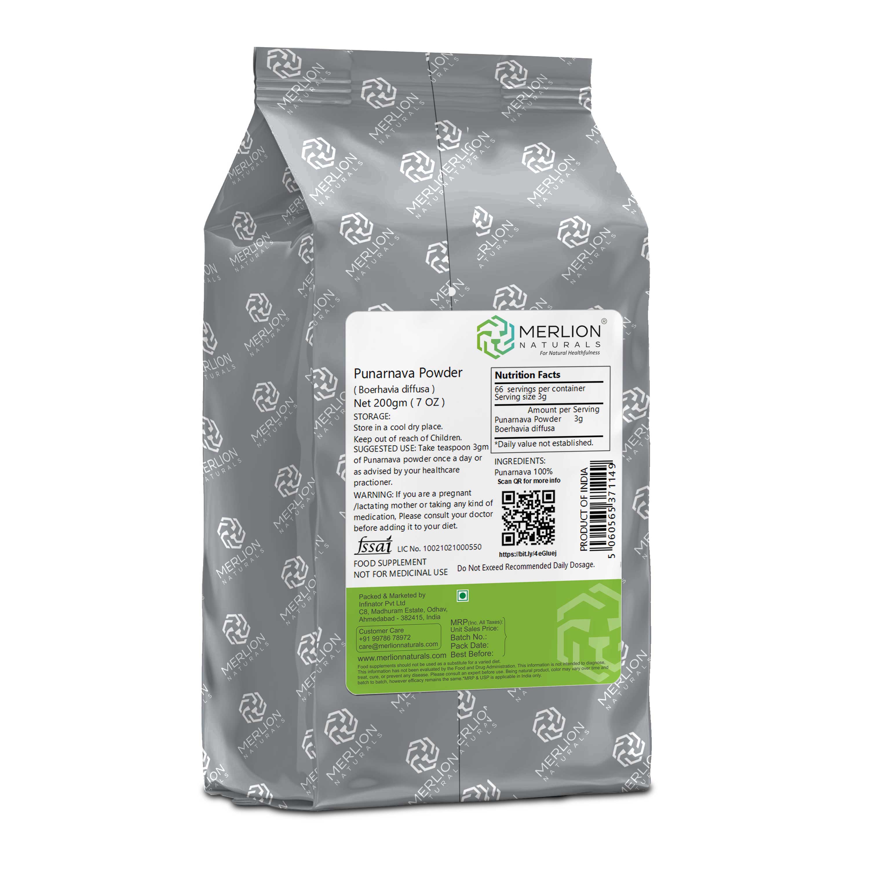 Merlion Naturals Punarnava Powder 200gm, Back view, Kidney Health, Diuretic, Anti-inflammatory, Digestion, Immunity