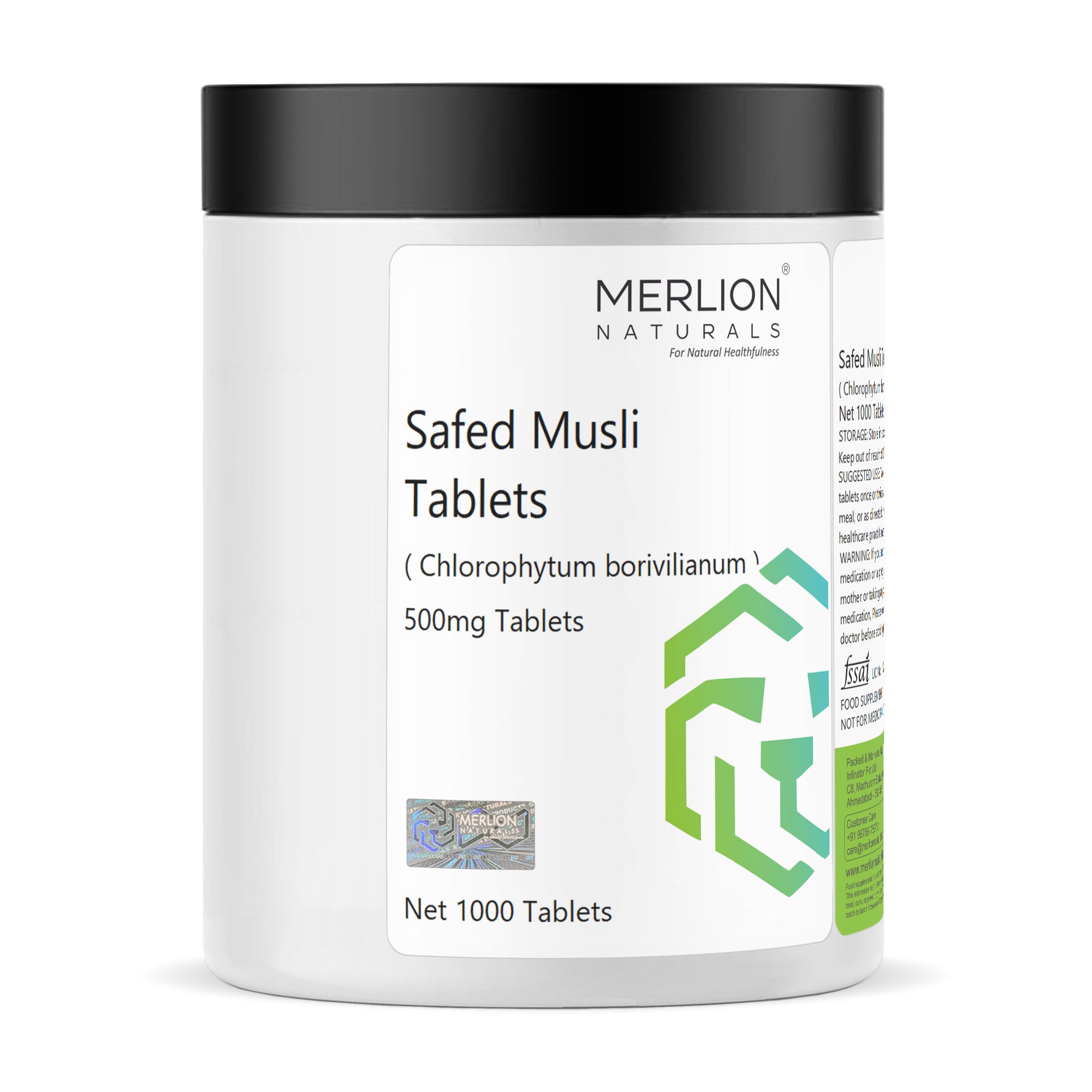Merlion Naturals Safed Musli Tablets 500mg (1000 Tablets), Front View view, Energy, Strength, Stamina, Libido