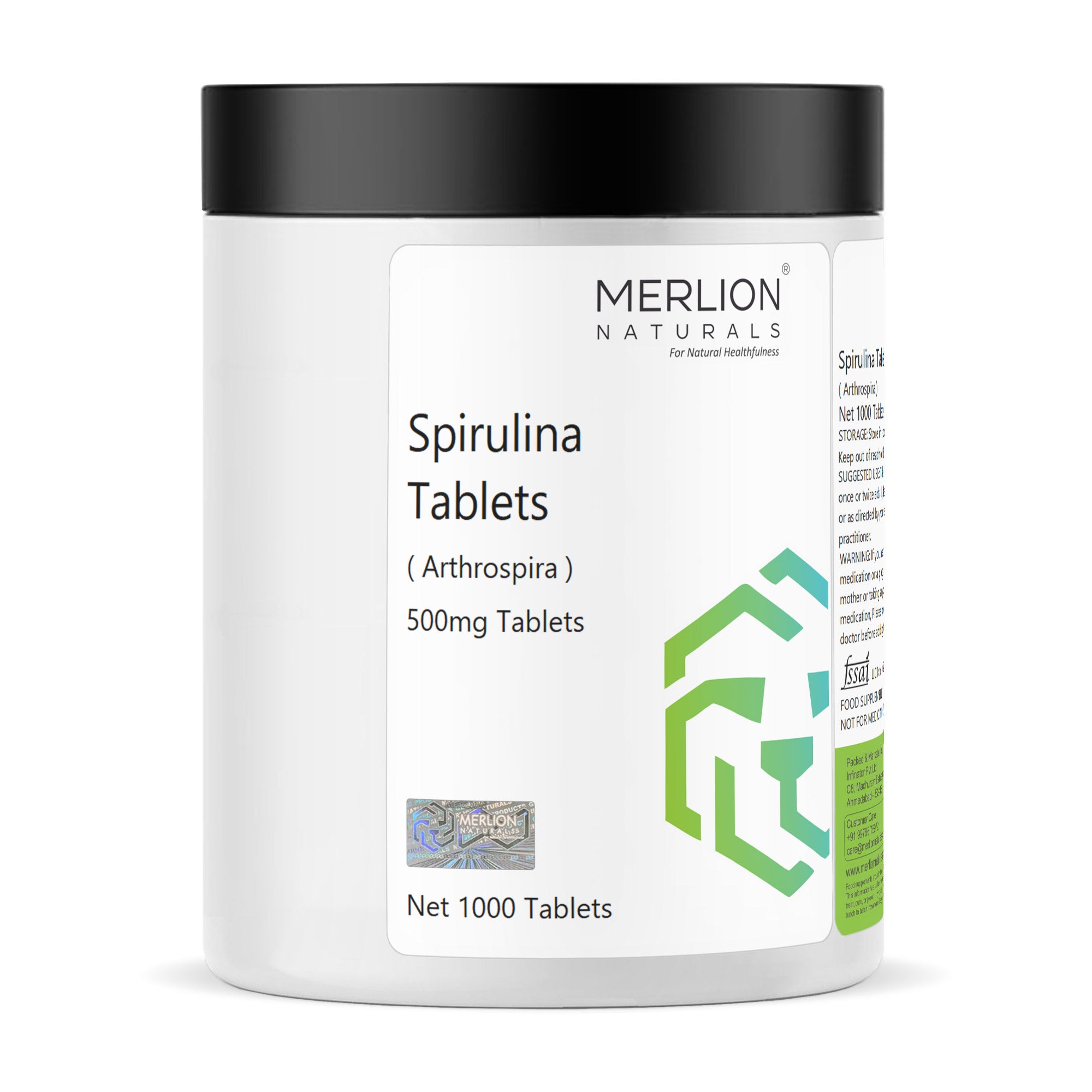 Merlion Naturals Spirulina Tablets 500mg (1000 Tablets), Front View view, Nutrient Rich, Antioxidant, Muscle Support, Detox