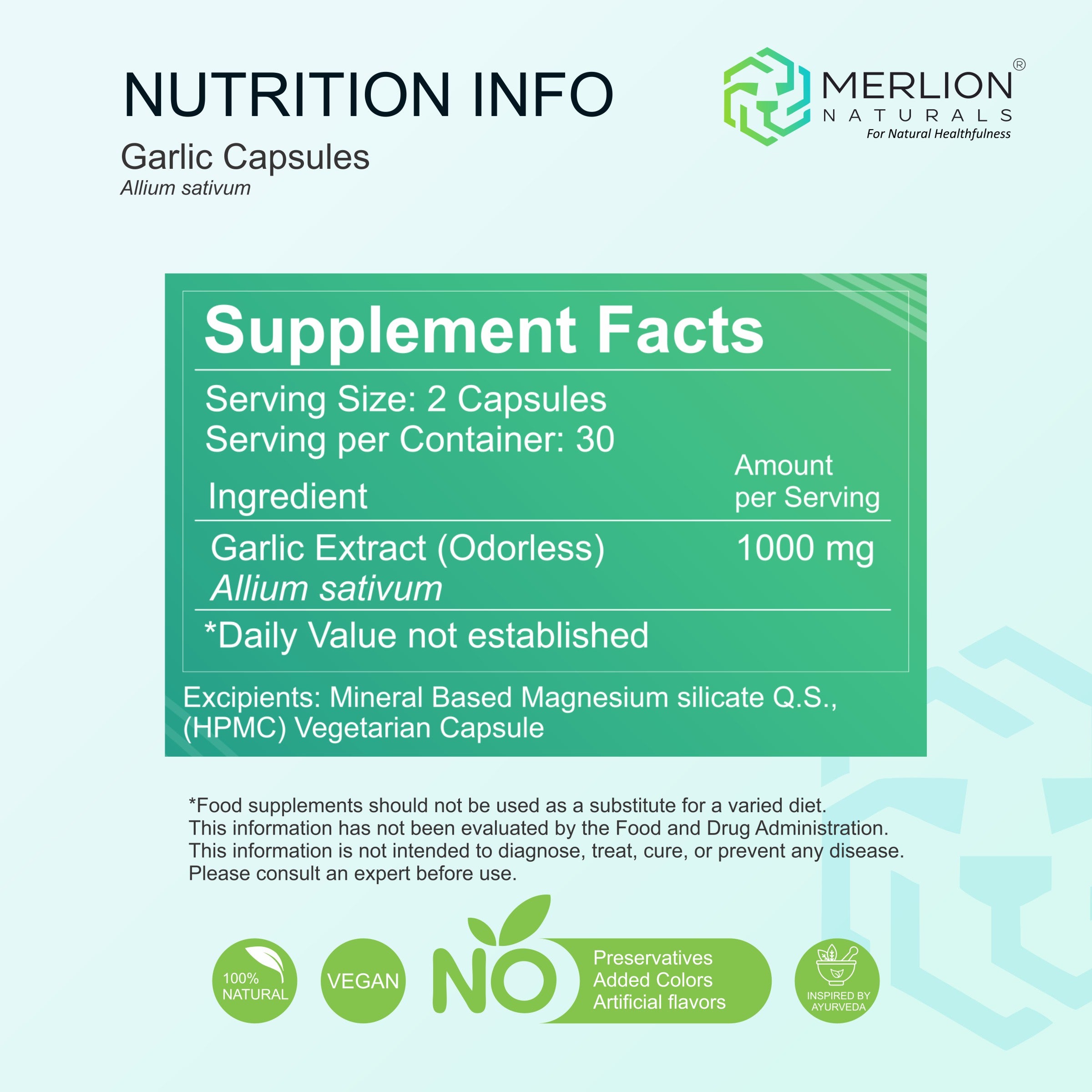 Garlic Extract Capsules | Allium sativum | 500mg