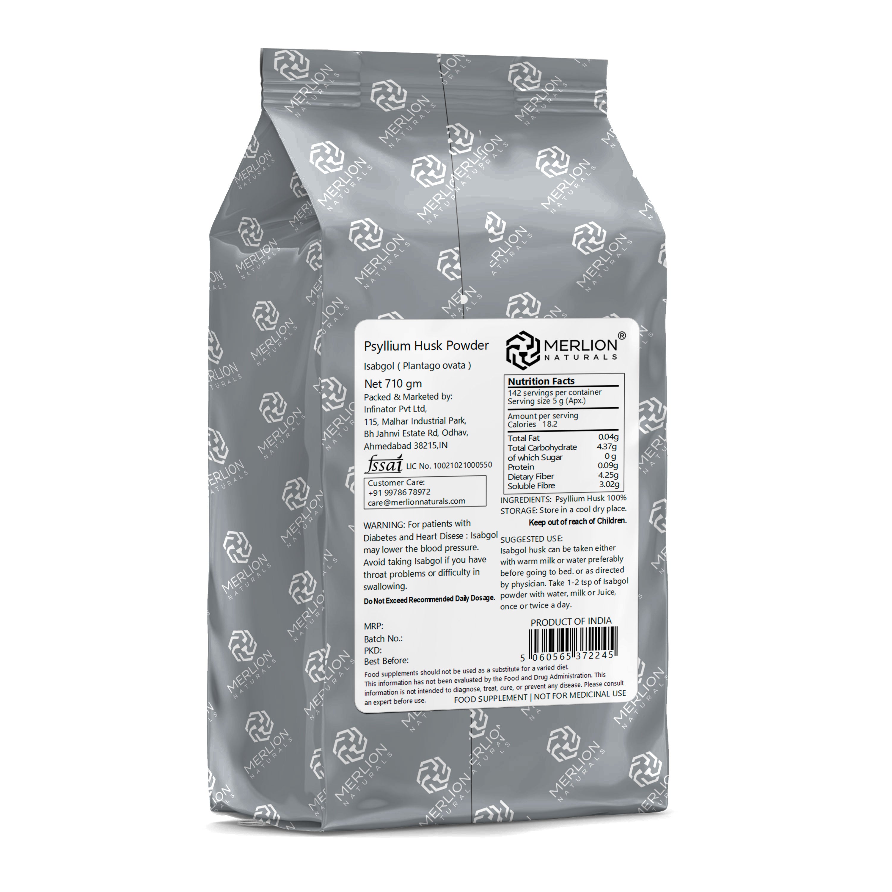 Merlion Naturals Psyllium Husk Powder 710gm, Back view, Digestion, Weight Management, Heart Health, Blood Sugar Control
