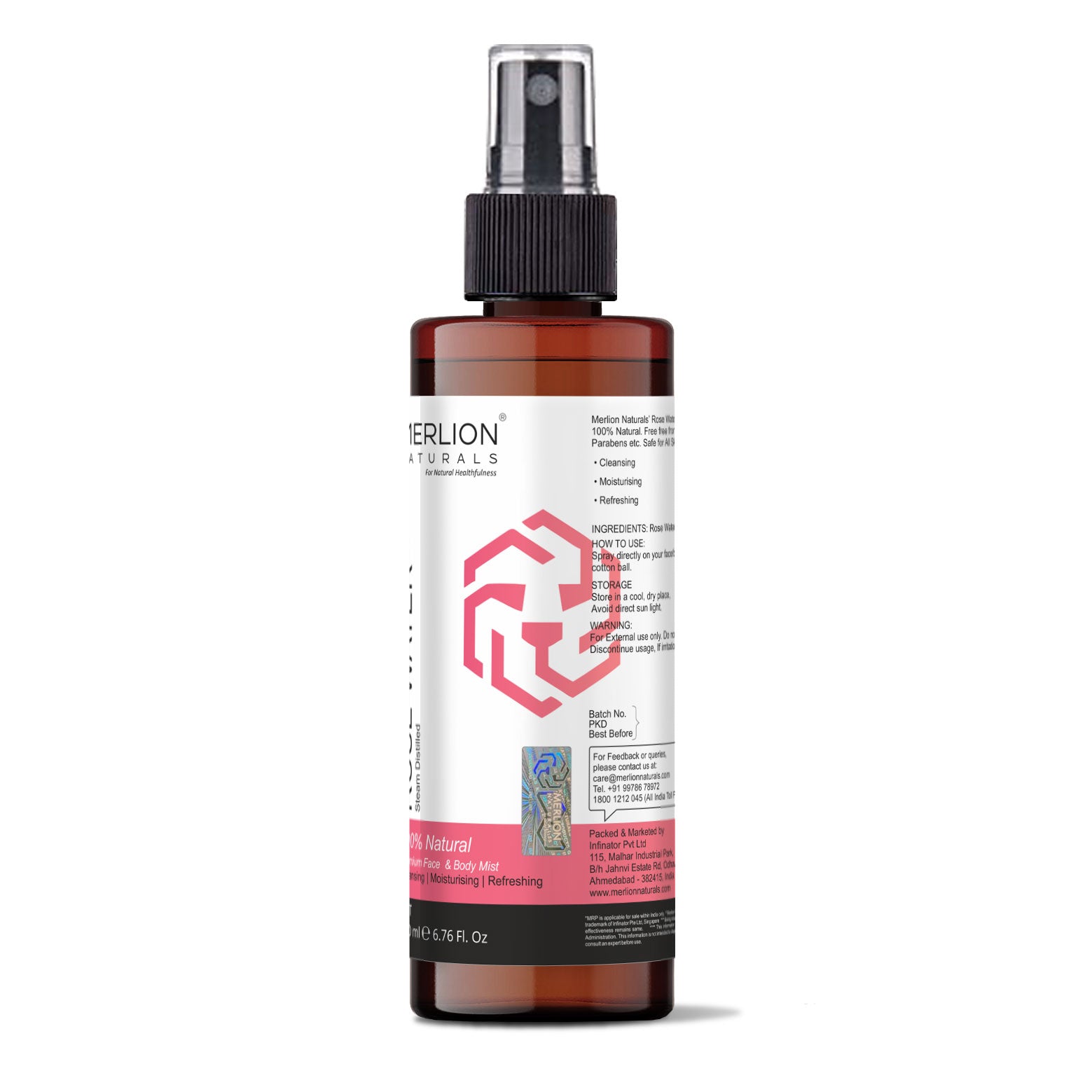 Merlion Naturals Rose Water 200ml, Back view, Hydration, pH Balance, Soothing, Antioxidant, Scalp Health, Cosmetic