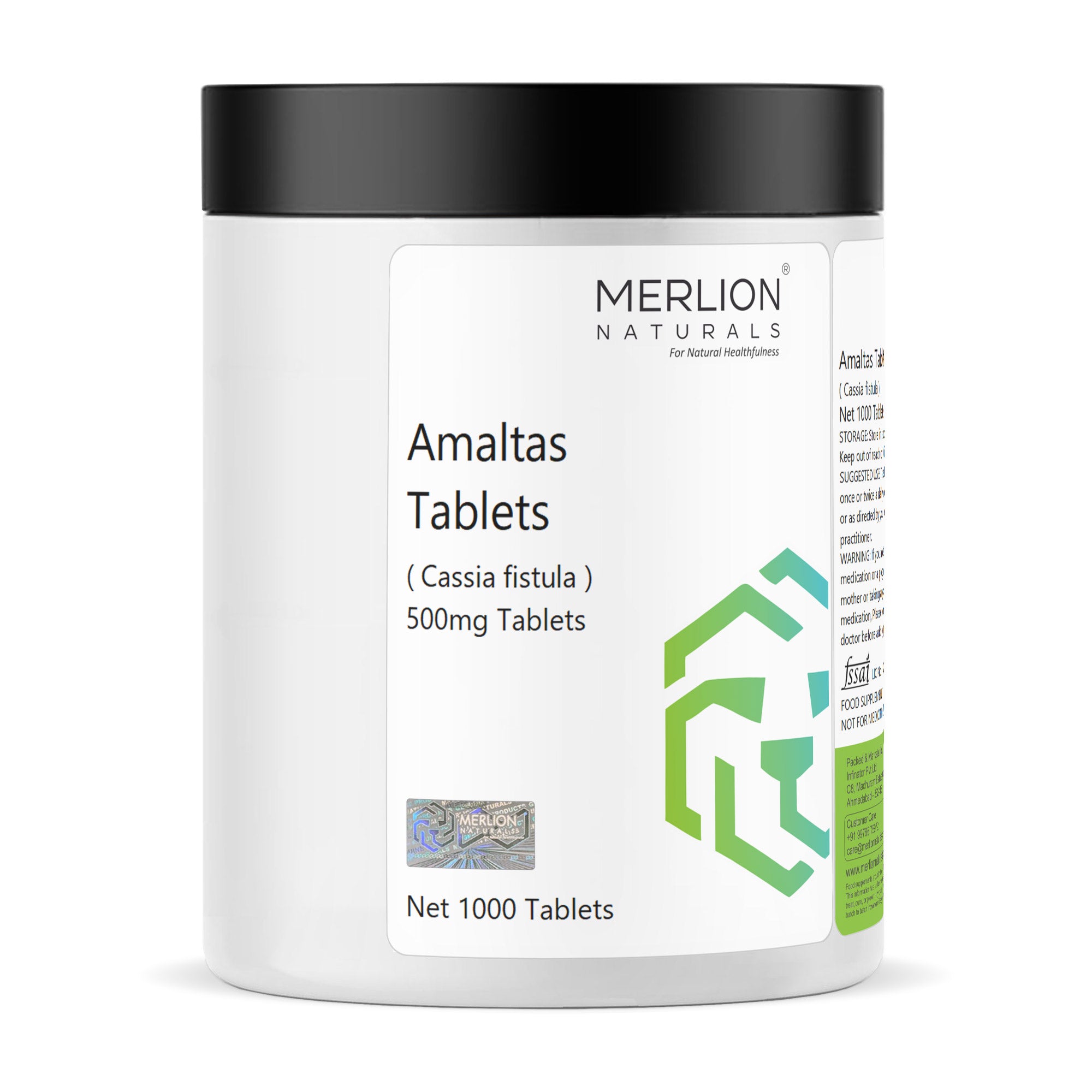 Merlion Naturals Amaltas Tablets 500mg (1000 Tablets), Front View view, Digestion, Constipation Relief, Detox
