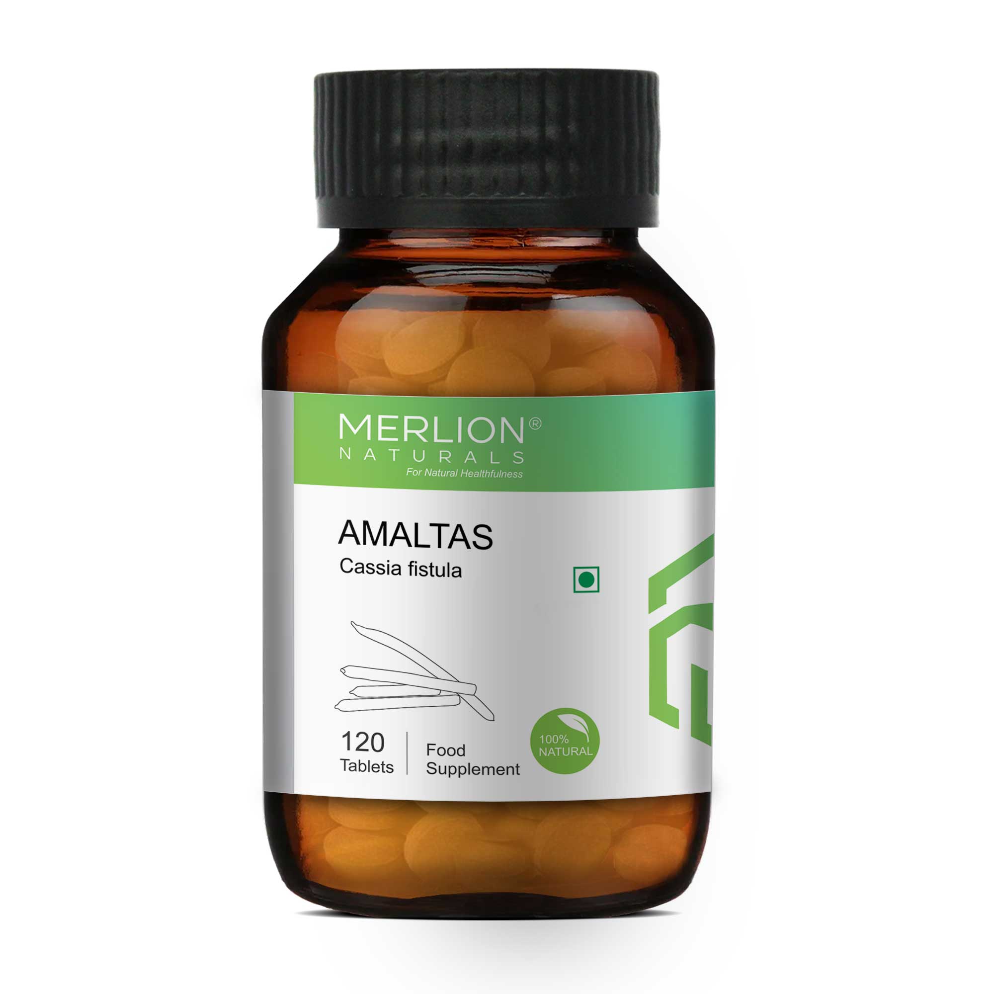 Merlion Naturals Amaltas Tablets 500mg (120 Tablets), Front View view, Digestion, Constipation Relief, Detox
