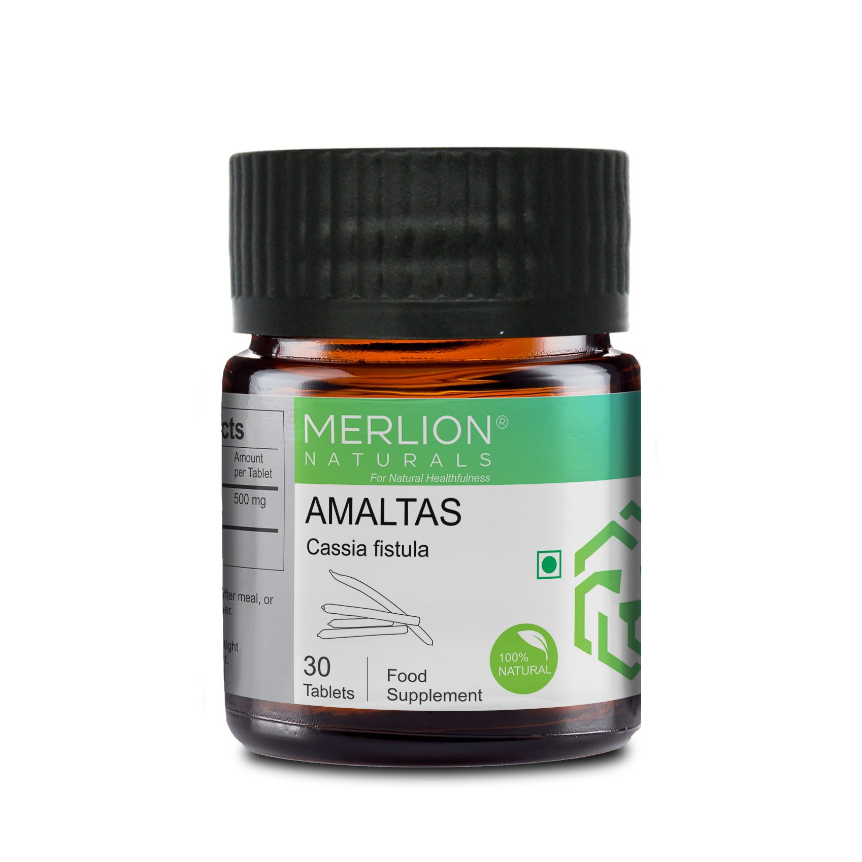 Merlion Naturals Amaltas Tablets 500mg (30 Tablets), Front View view, Digestion, Constipation Relief, Detox
