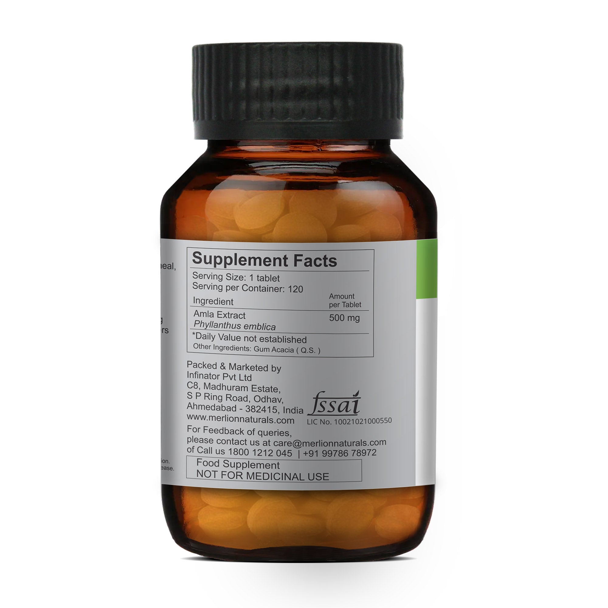 Merlion Naturals Amla Tablets 500mg (120 Tablets), Side View view, Immunity, Skin Health, Hair Care, Digestion, Antioxidant
