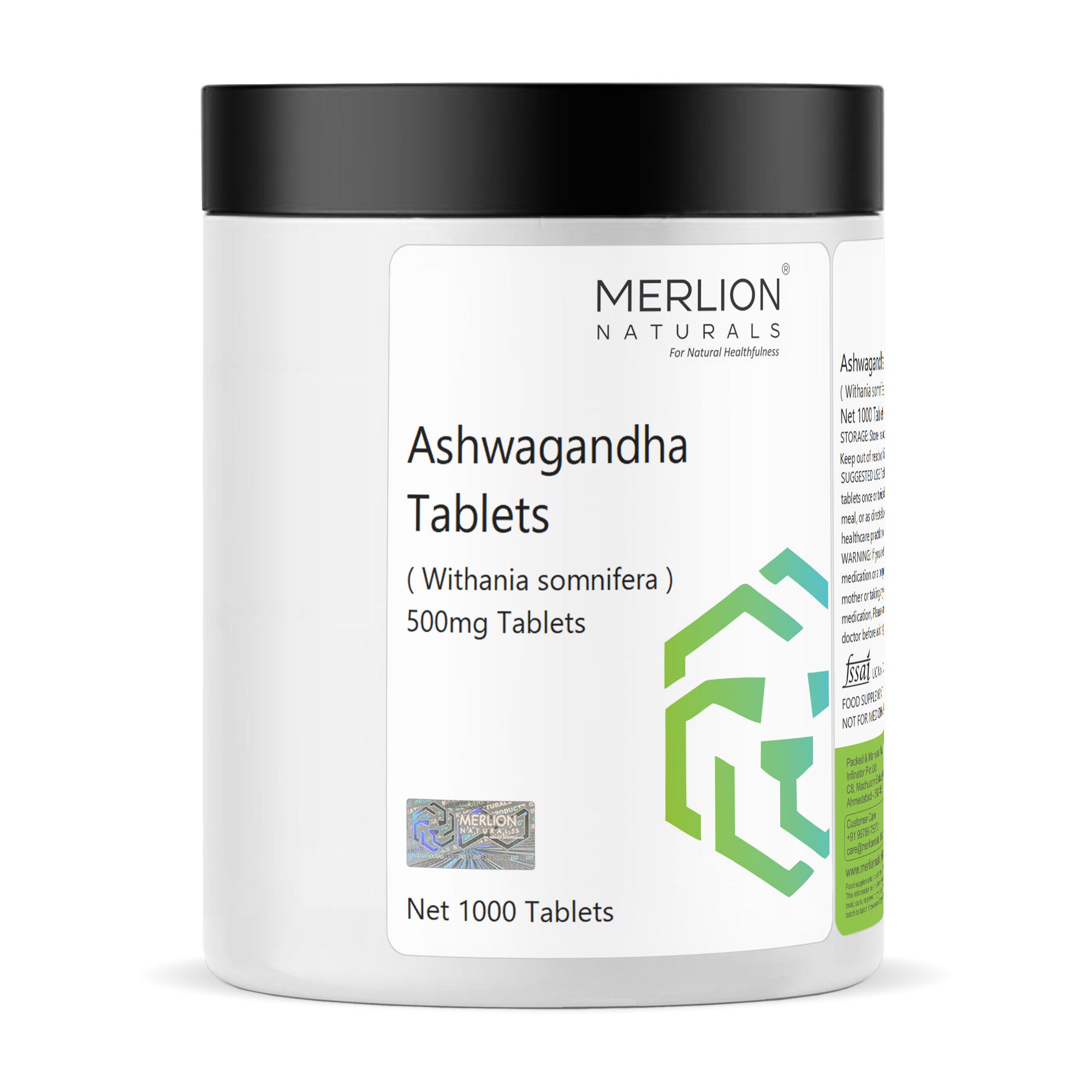 Merlion Naturals Ashwagandha Tablets 500mg (1000 Tablets), Front View view, Stress Relief, Energy Boost, Brain Health
