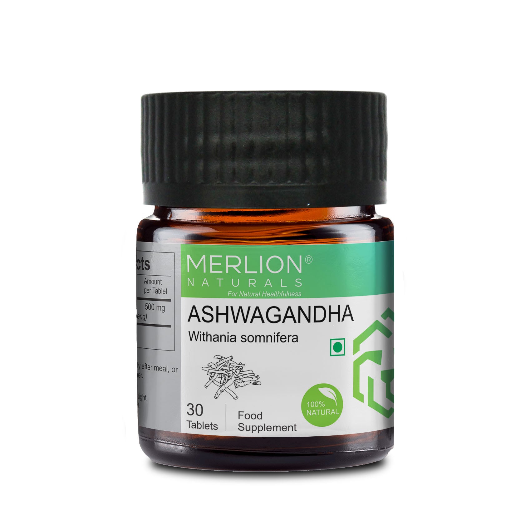 Merlion Naturals Ashwagandha Tablets 500mg (30 Tablets), Front View view, Stress Relief, Energy Boost, Brain Health
