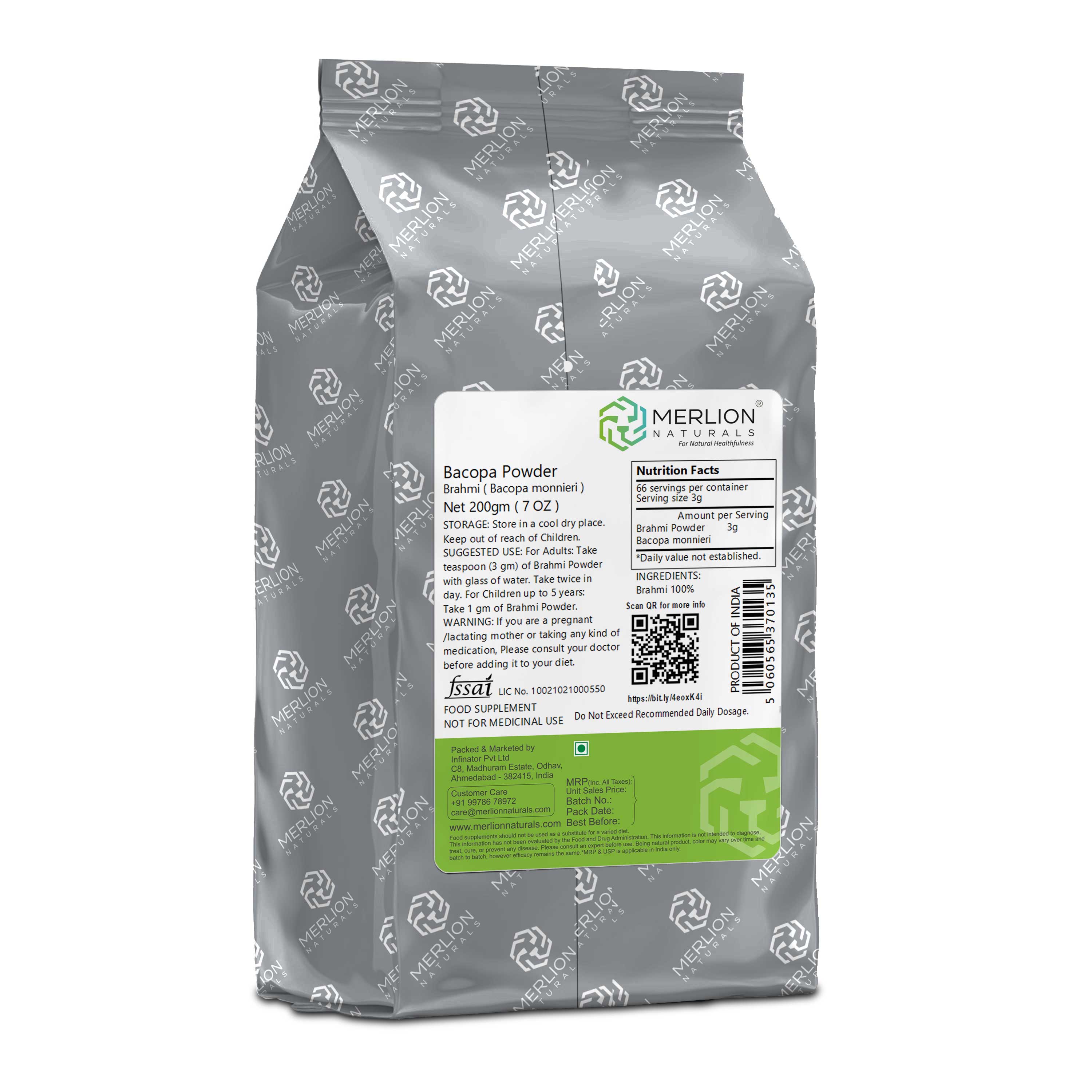 Merlion Naturals Bacopa Powder 200gm, Back view, Memory Boost, Cognitive Support, Stress Relief, Mood Support, Antioxidant
