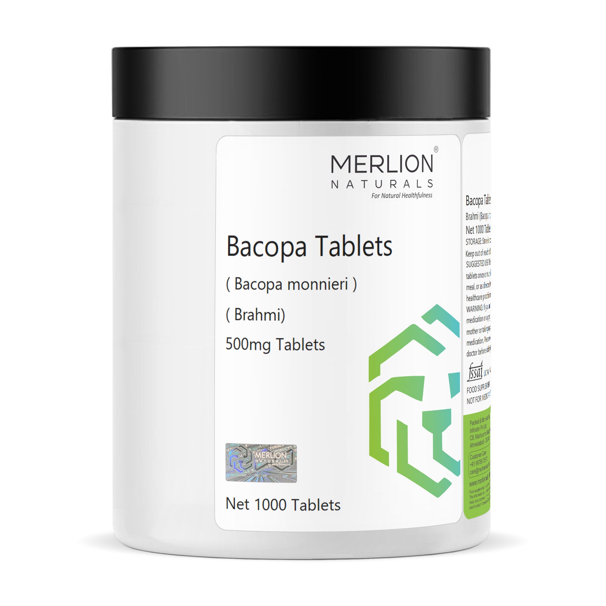 Merlion Naturals Bacopa Tablets 500mg (1000 Tablets), Front View view, Memory Boost, Cognitive Support, Stress Relief
