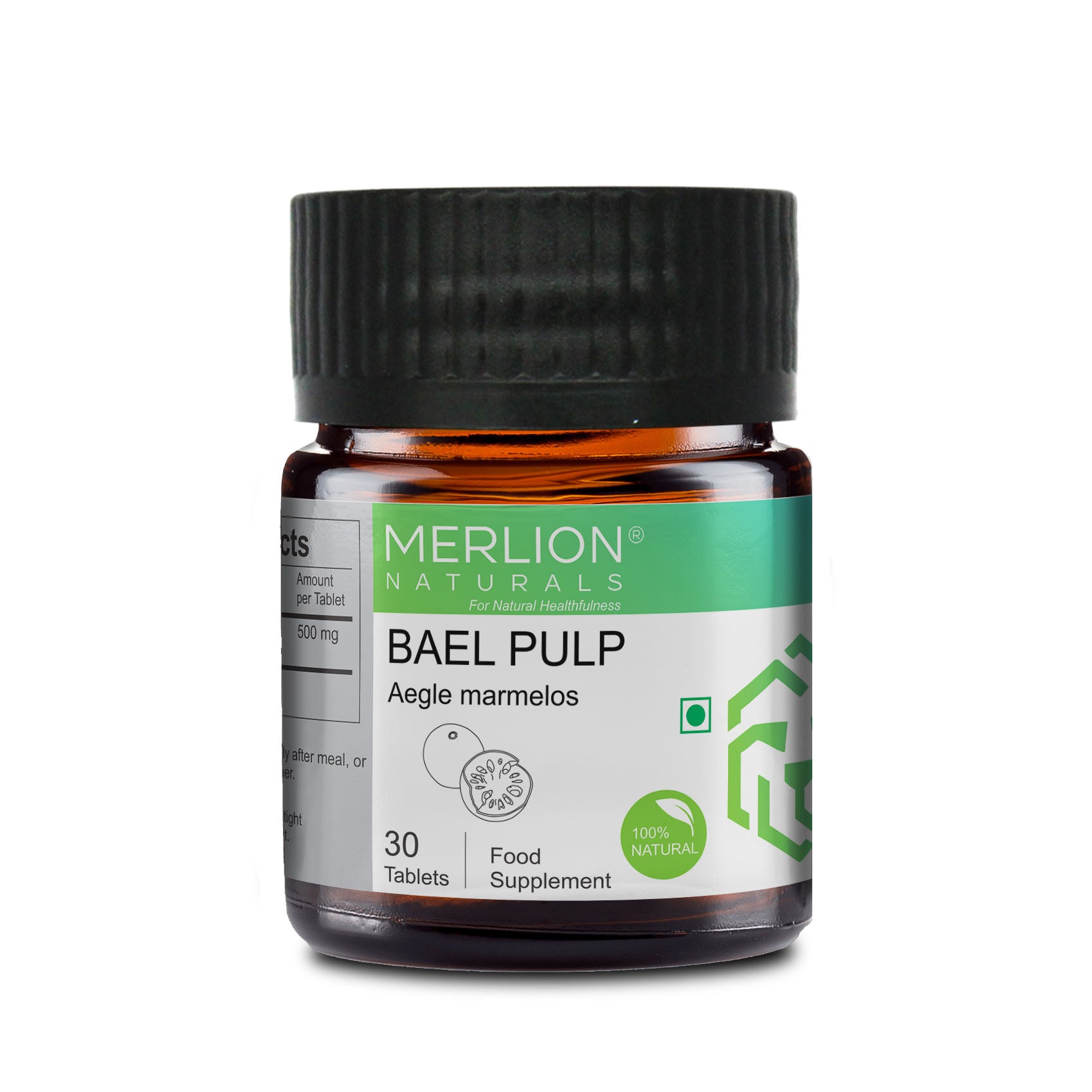 Merlion Naturals Bael Pulp Tablets 500mg (30 Tablets), Front View view, Digestion, Gut Health, Constipation Relief
