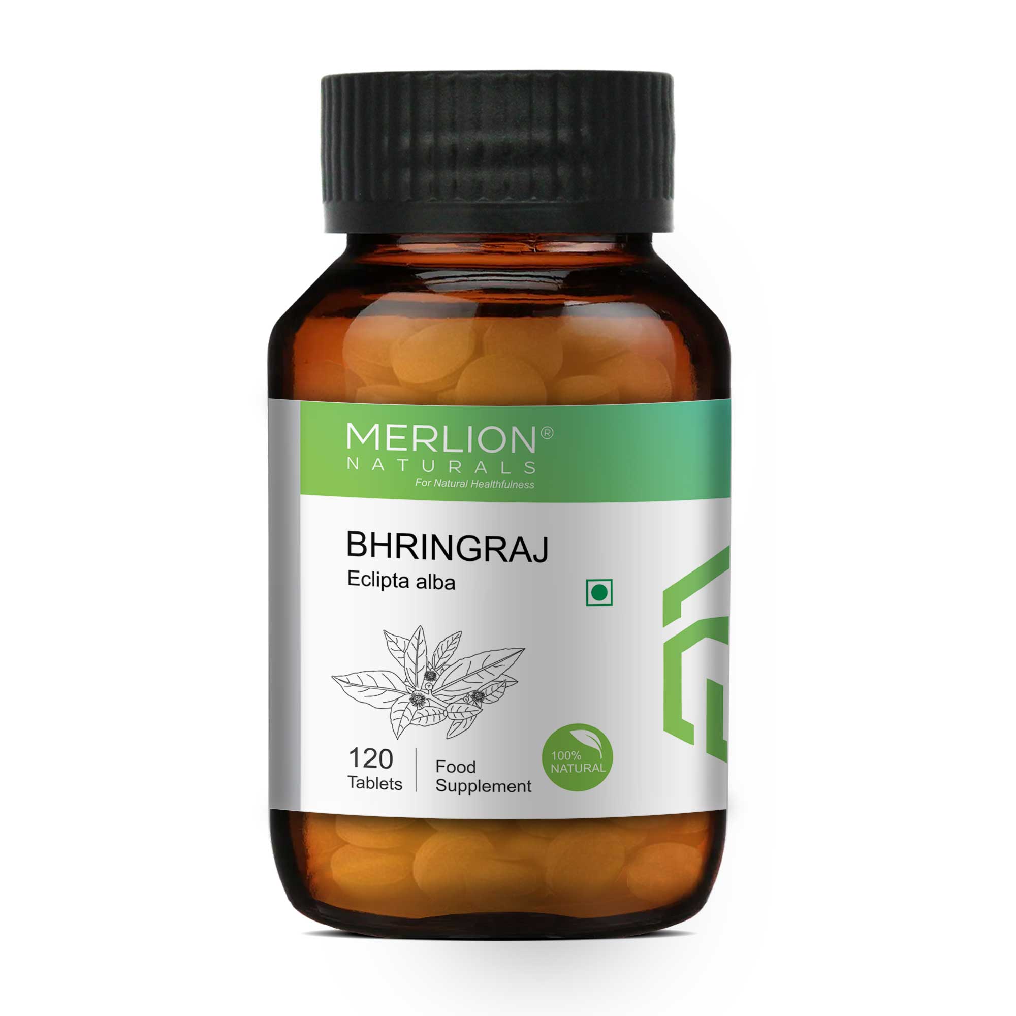 Merlion Naturals Bhringraj Tablets 500mg (120 Tablets), Front View view, Hair Growth, Strengthens Hair, Dandruff Control
