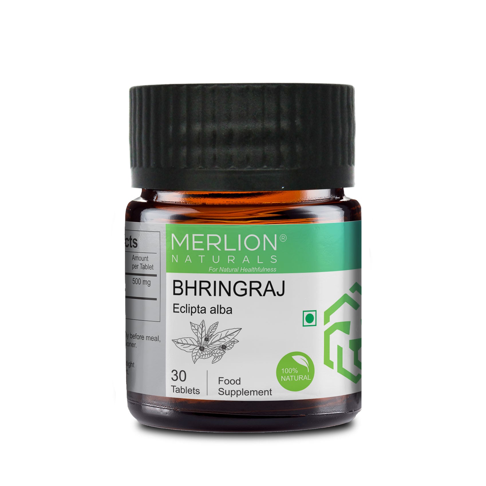 Merlion Naturals Bhringraj Tablets 500mg (30 Tablets), Front View view, Hair Growth, Strengthens Hair, Dandruff Control
