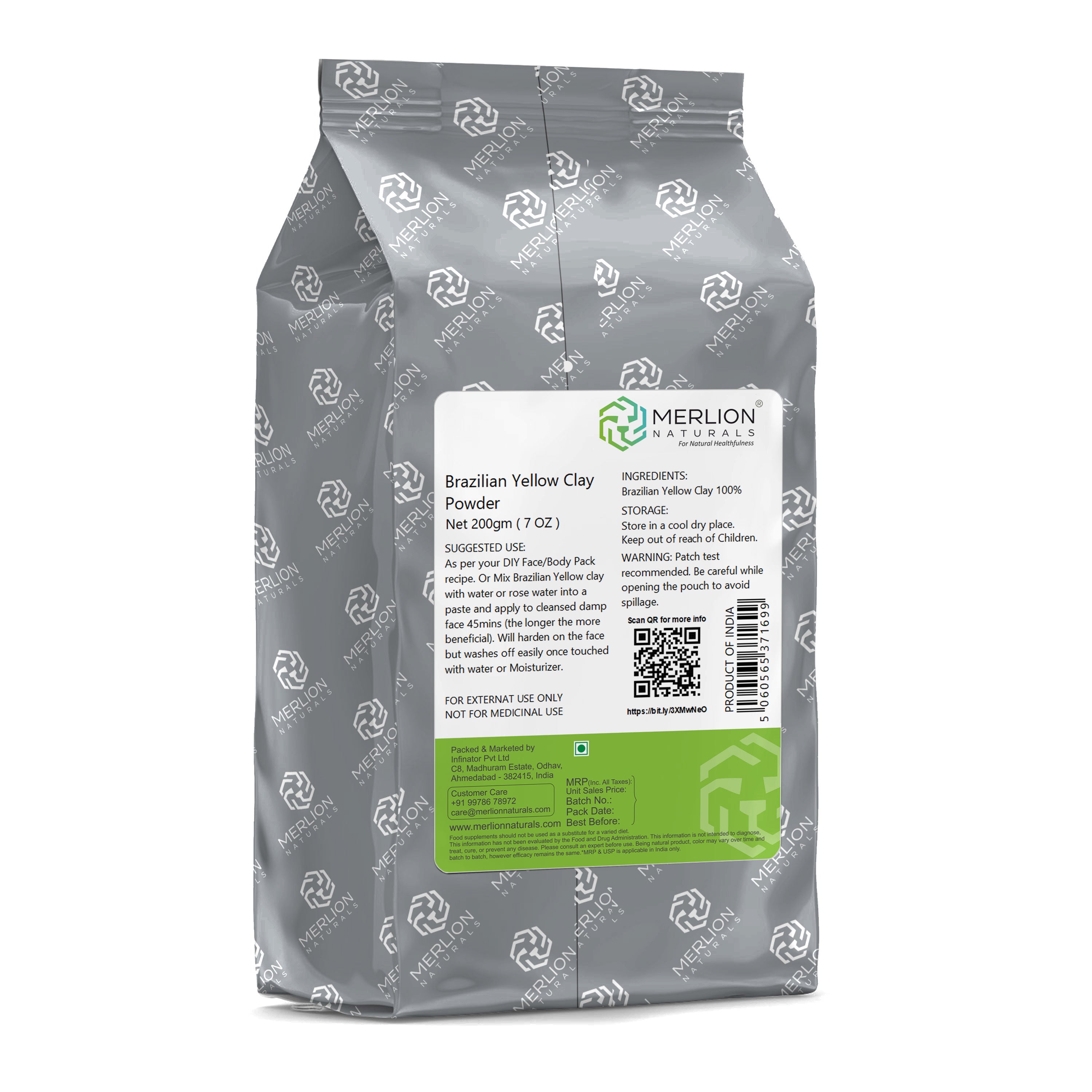 Merlion Naturals Brazilian Yellow Clay Powder 200gm, Back view, Deep Cleanse, Exfoliation, Brightening, Hydration
