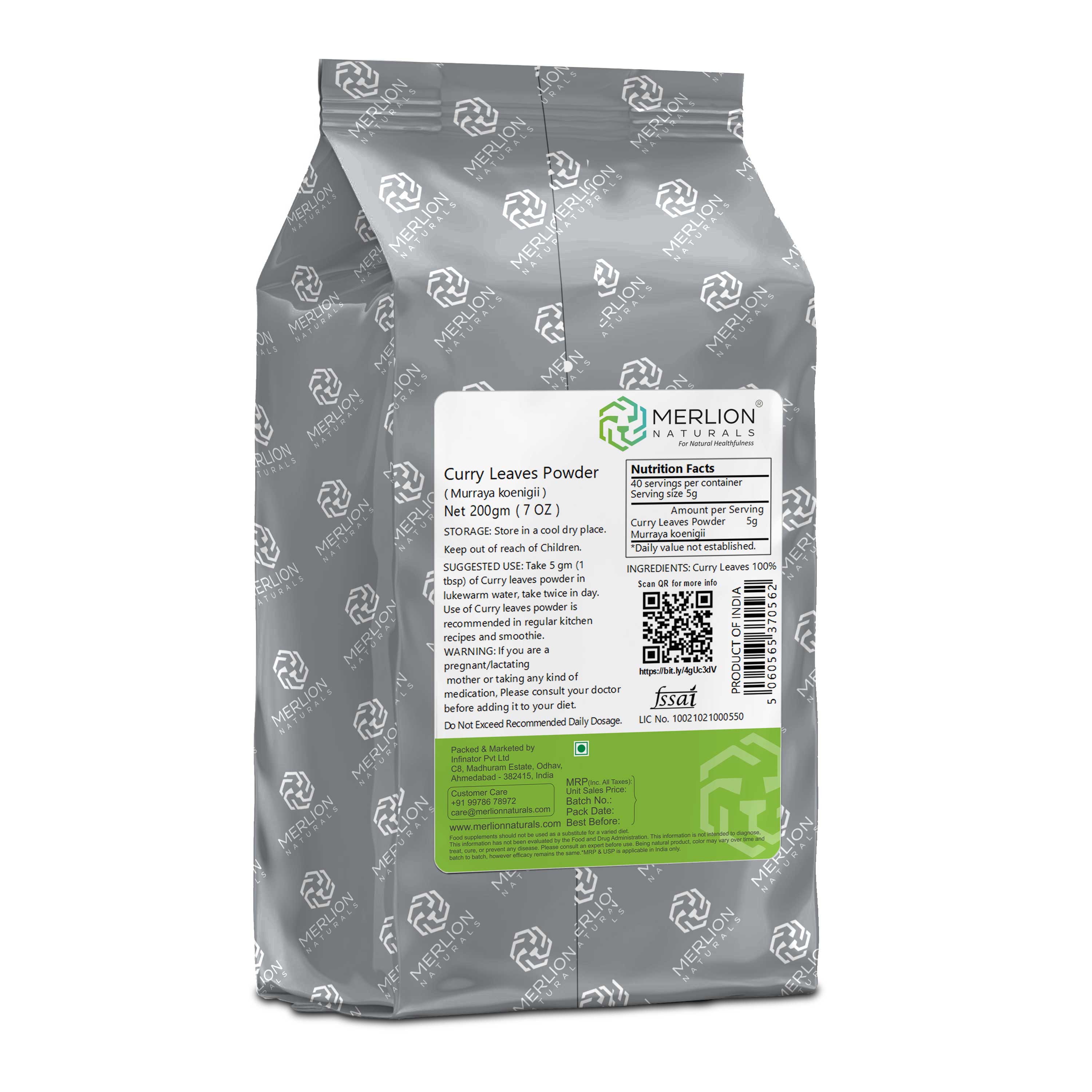 Merlion Naturals Curry Leaves Powder 200gm, Back view, Hair Growth, Digestion, Immunity, Blood Sugar Control, Liver Detox
