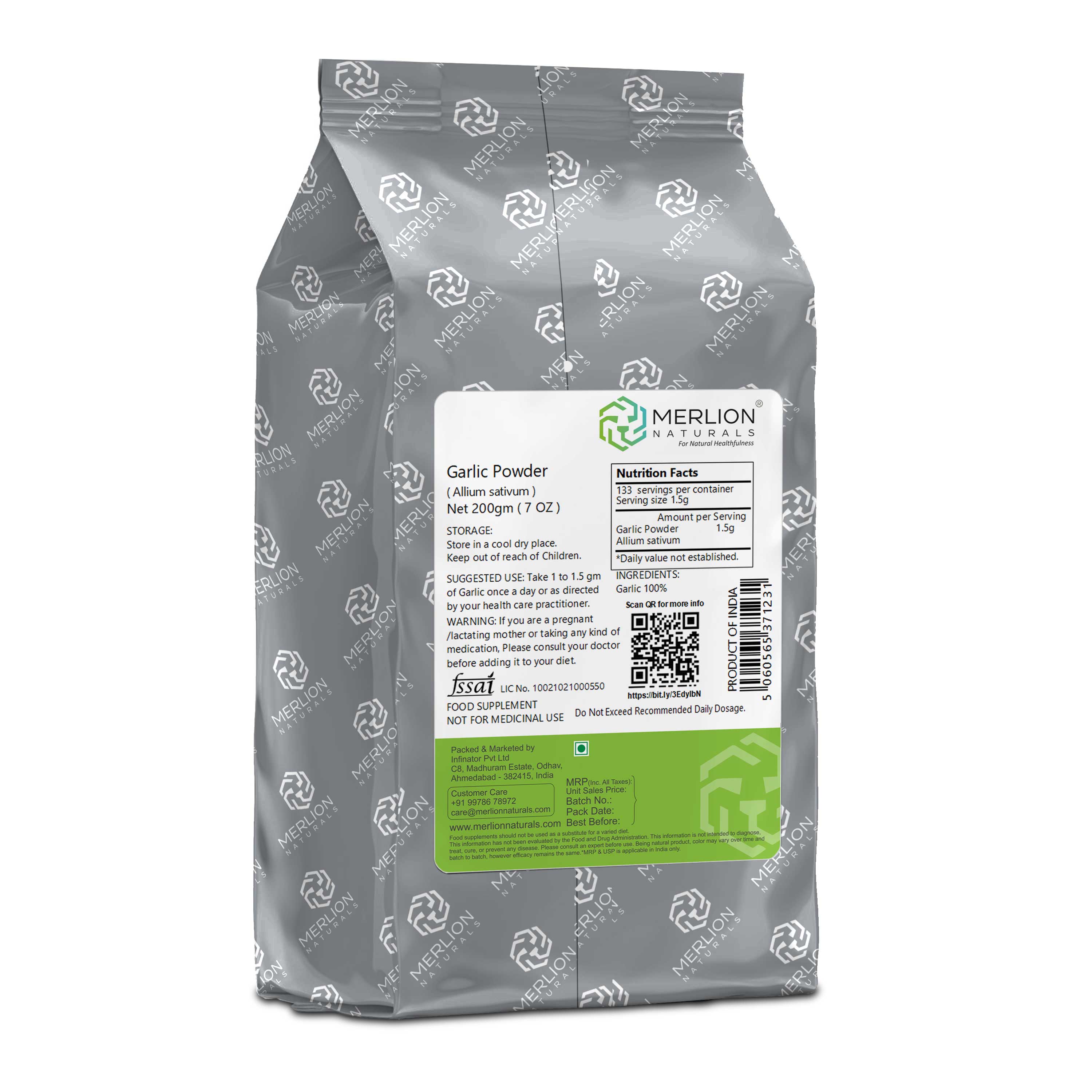 Merlion Naturals Garlic Powder 200gm, Back view, Immunity, Heart Health, Antimicrobial, Anti-inflammatory, Digestion
