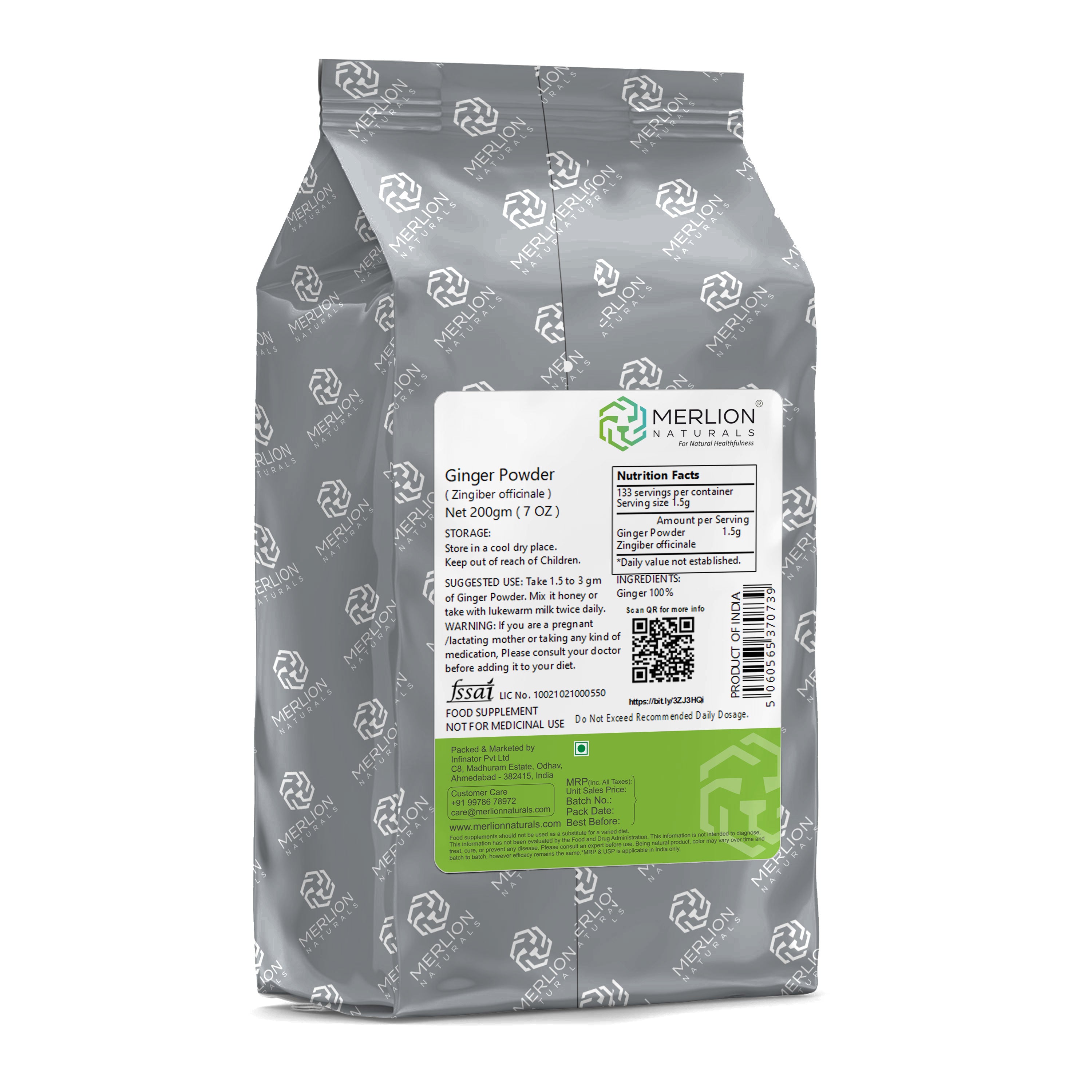 Merlion Naturals Ginger Powder 200gm, Back view, Digestion, Anti-inflammatory, Immunity, Nausea Relief, Circulation
