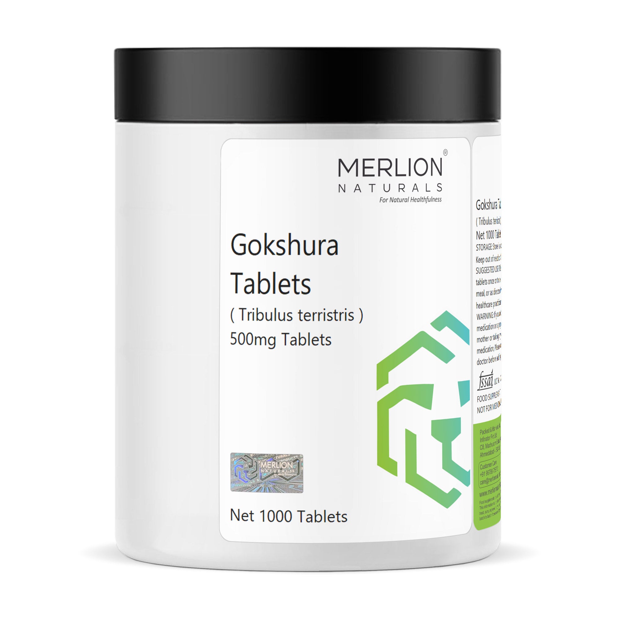 Merlion Naturals Gokshura Tablets 500mg (1000 Tablets), Front View view, Kidney Health, Hormone Balance, Libido
