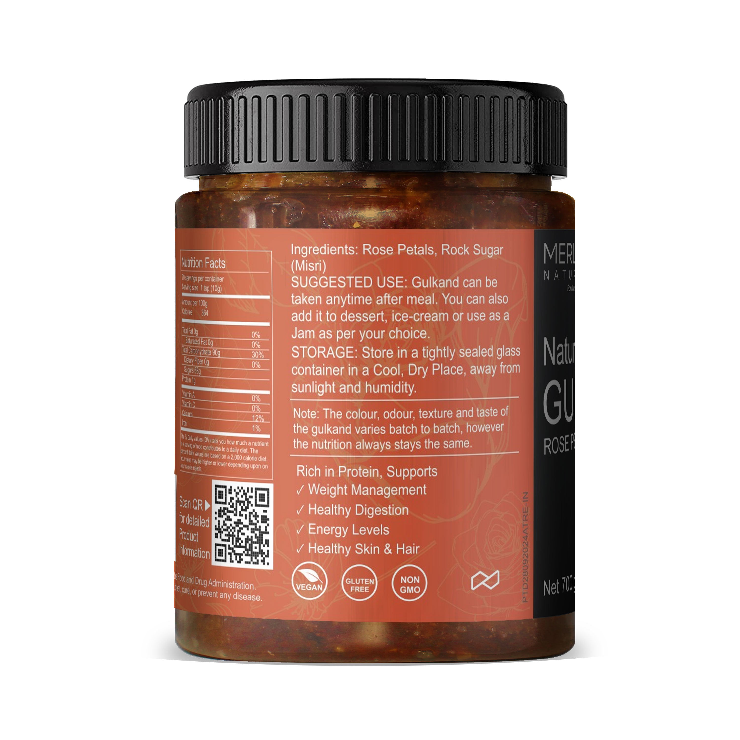 Merlion Naturals Rose Petals Jam - Gulkand 700gm, Back view, Cooling, Skin Glow, Body Balance, Stress Relief
