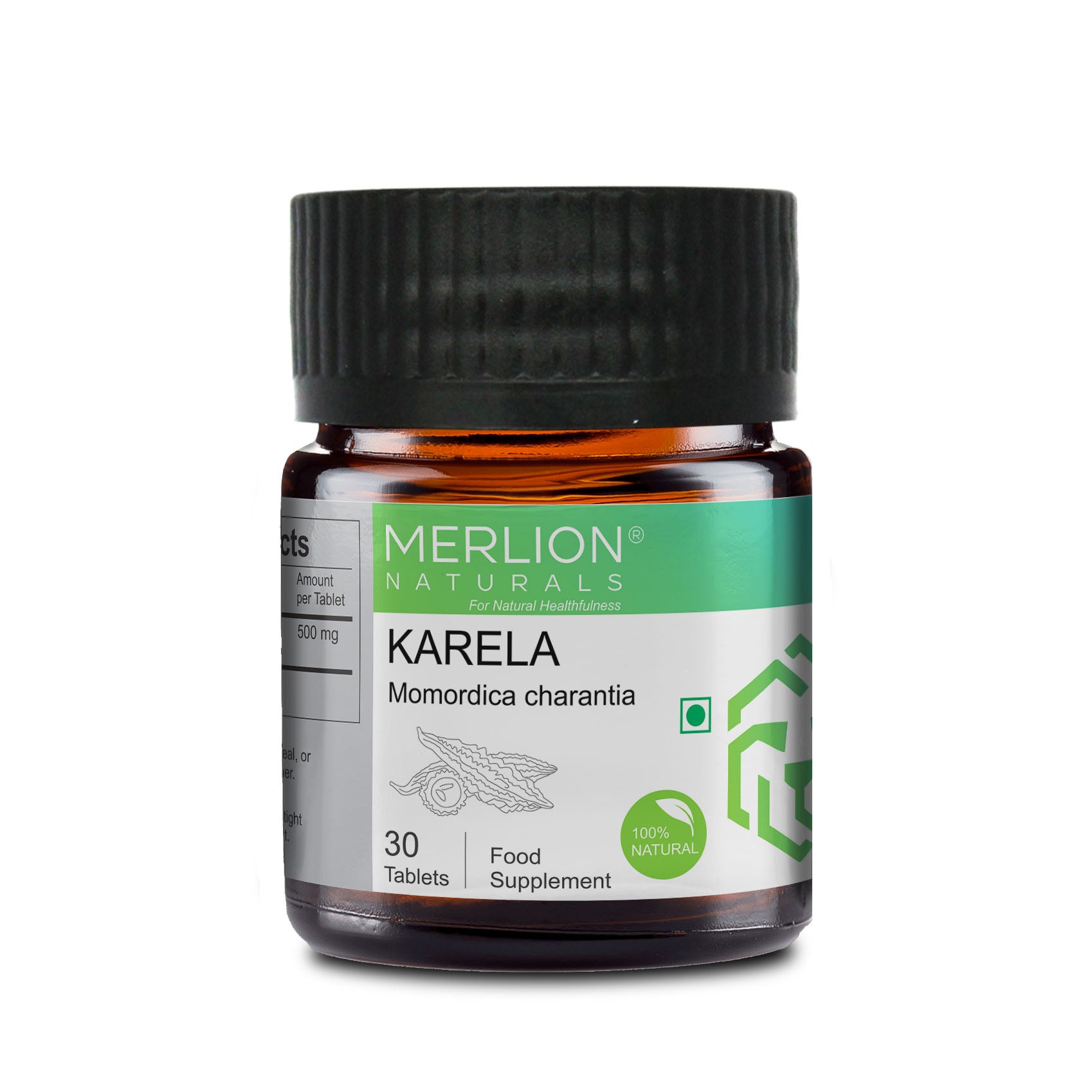 Merlion Naturals Karela Tablets 500mg (30 Tablets), Front View view, Blood Sugar Control, Digestion, Liver Health
