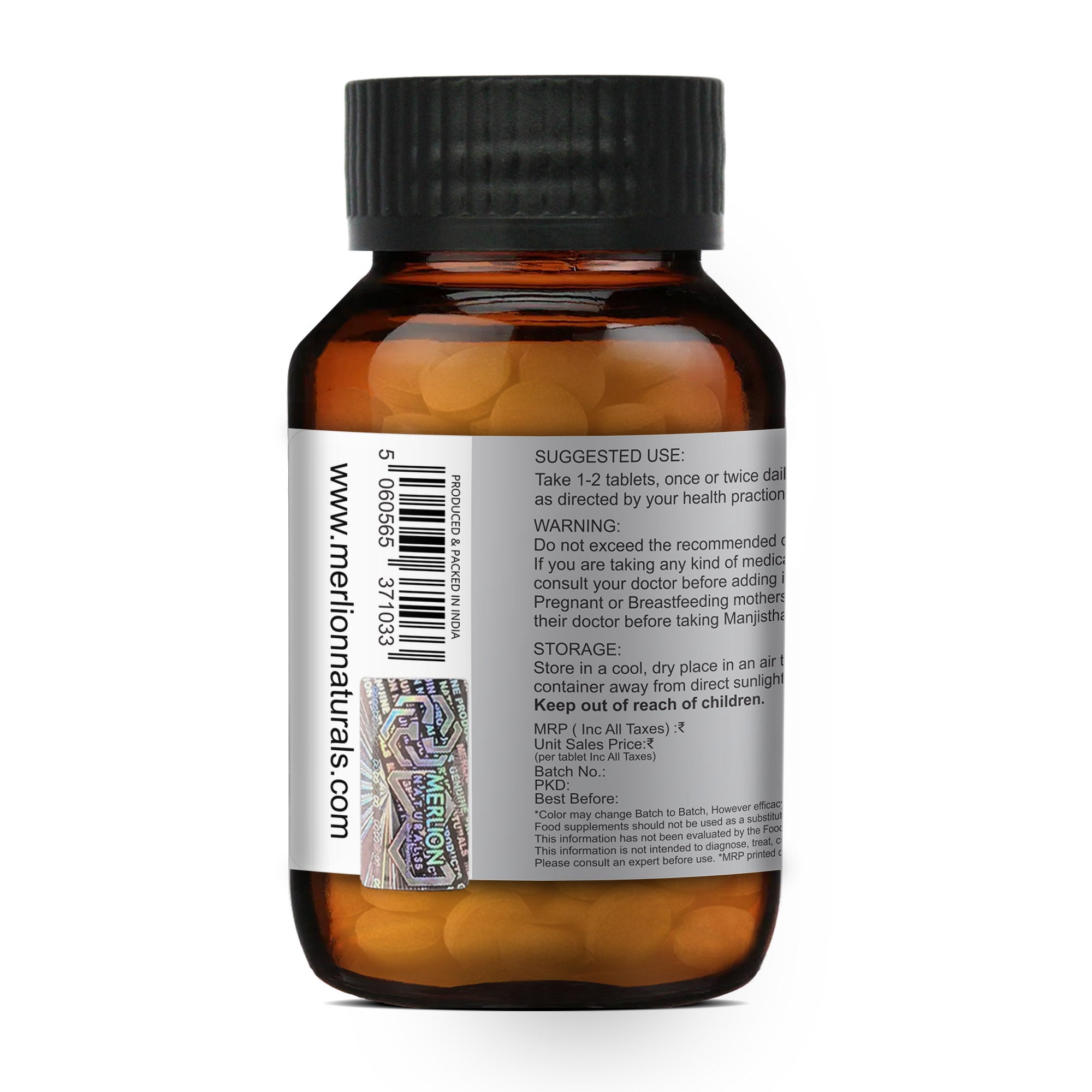 Merlion Naturals Manjistha Tablets 500mg (120 Tablets), Side View view, Detox, Anti-inflammatory, Brightening
