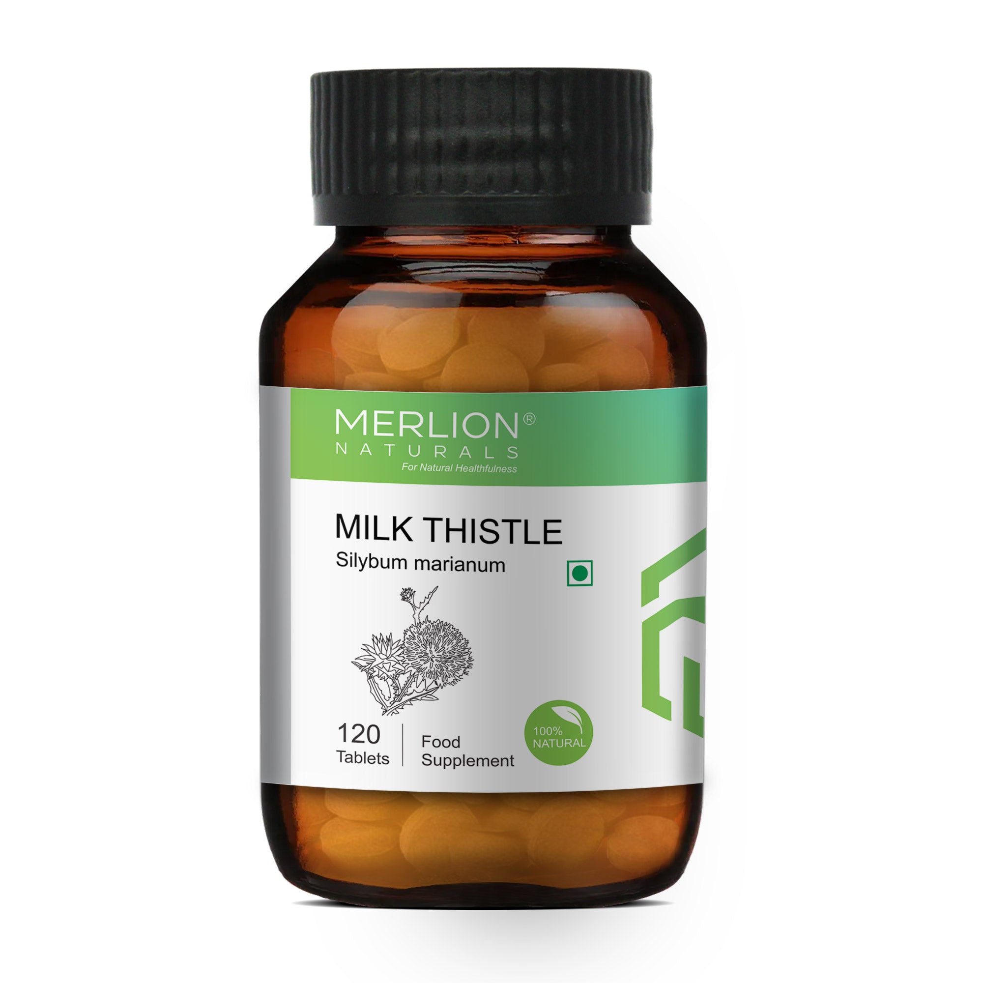 Merlion Naturals Milk Thistle Tablets 500mg (120 Tablets), Front View view, Liver Detox, Antioxidant, Digestion, Skin Health
