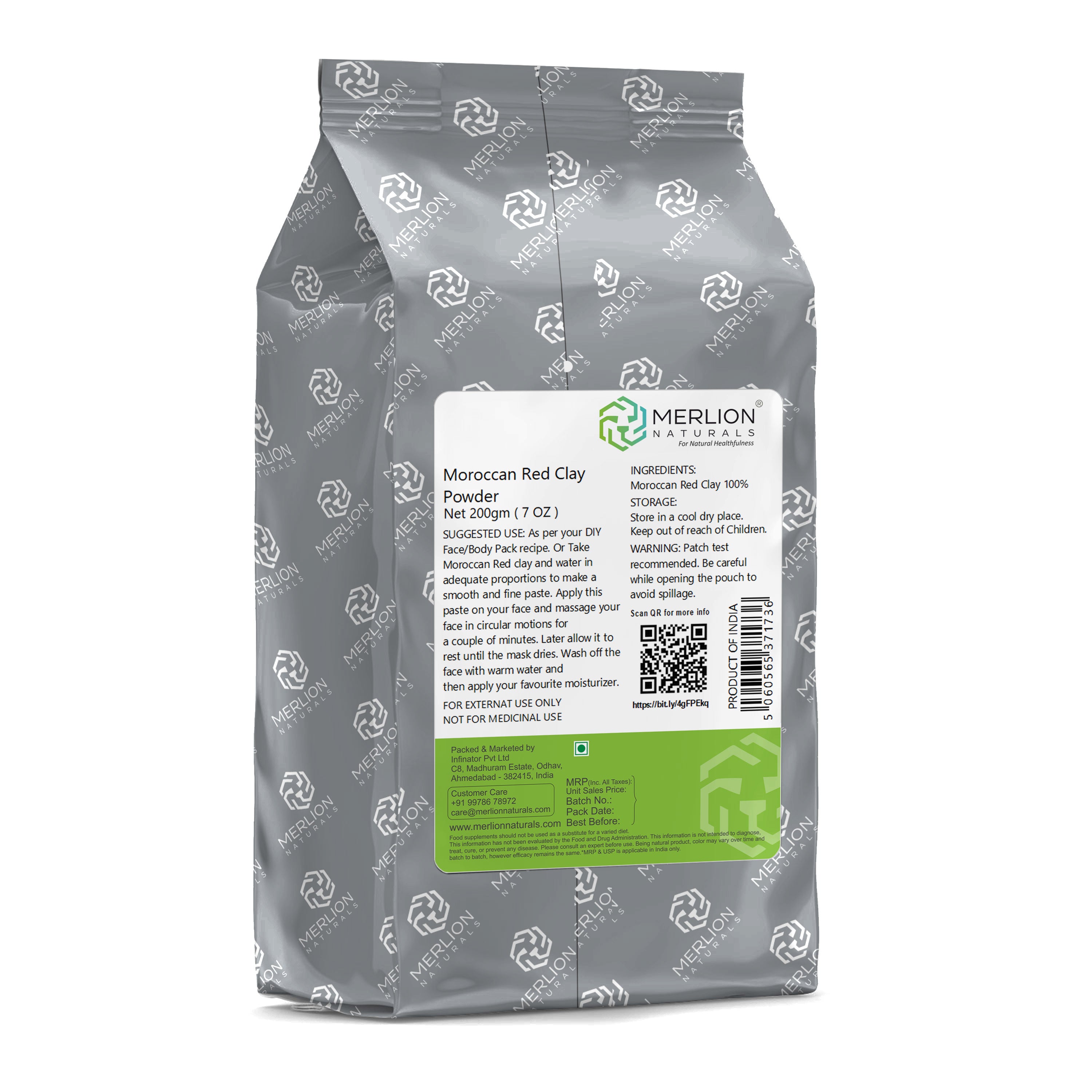 Merlion Naturals Moroccan Red Clay Powder 200gm, Back view, Detox, Skin Firmness, Oil Control, Exfoliation, Scalp Health
