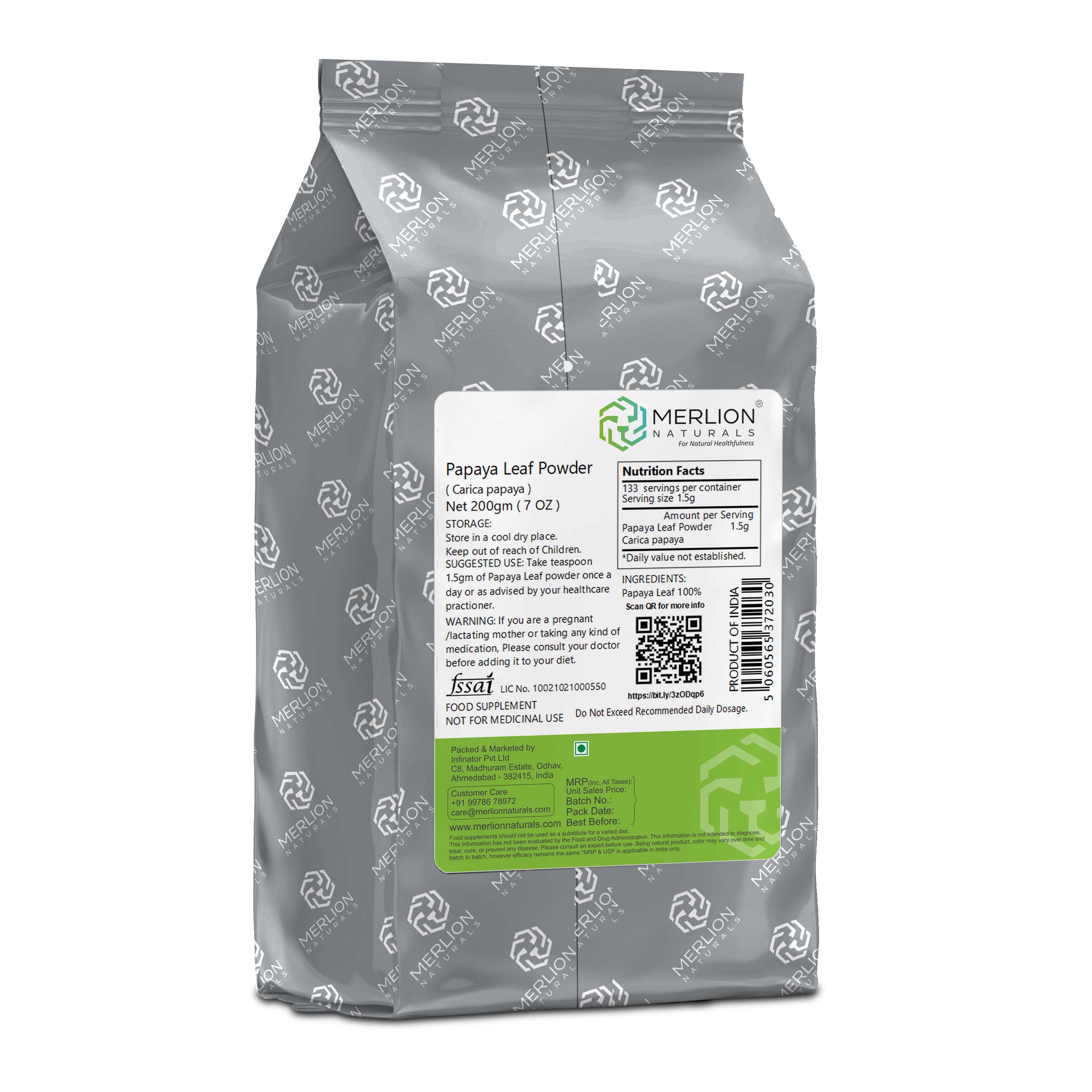 Merlion Naturals Papaya Leaf Powder 200gm, Back view, Immunity, Digestion, Skin Health, Liver Support, Platelet Boost
