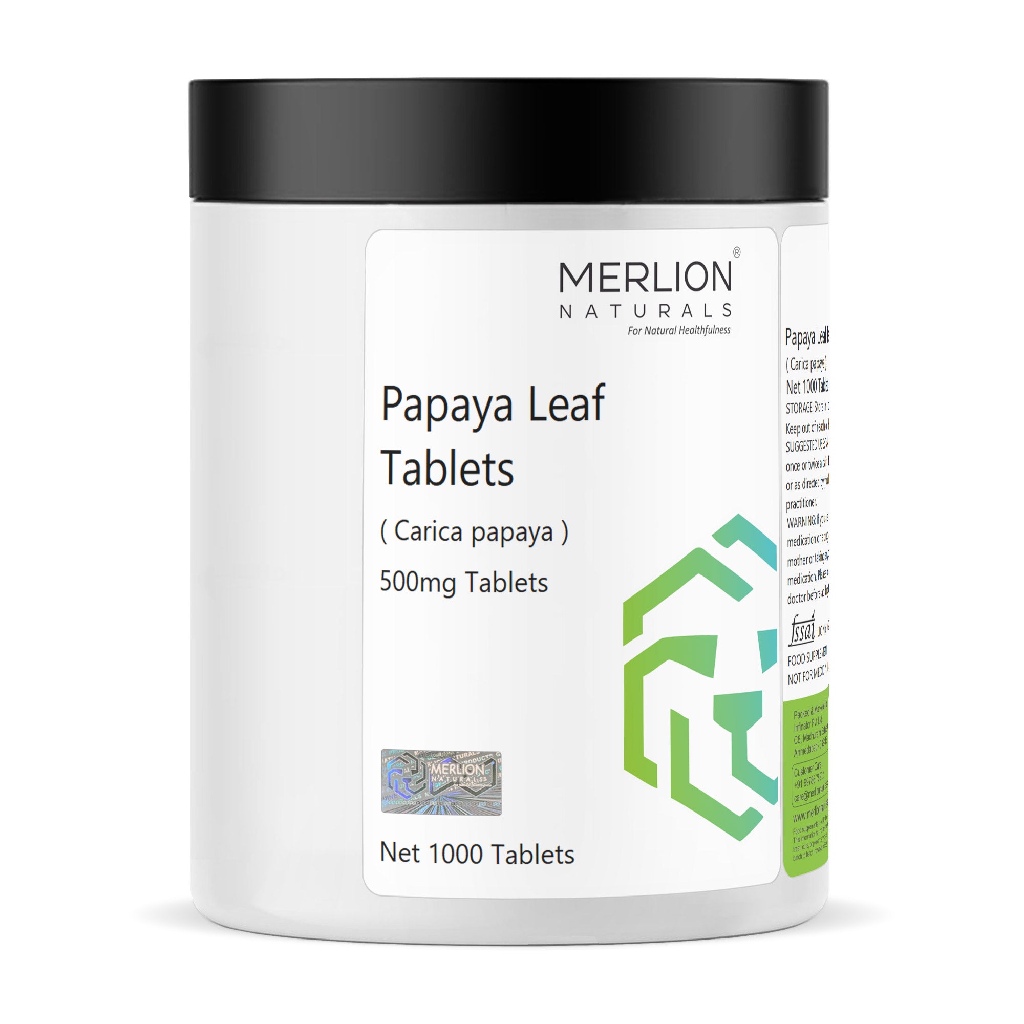 Merlion Naturals Papaya Leaf Tablets 500mg (1000 Tablets), Front View view, Immunity, Digestion, Skin Health, Liver Support
