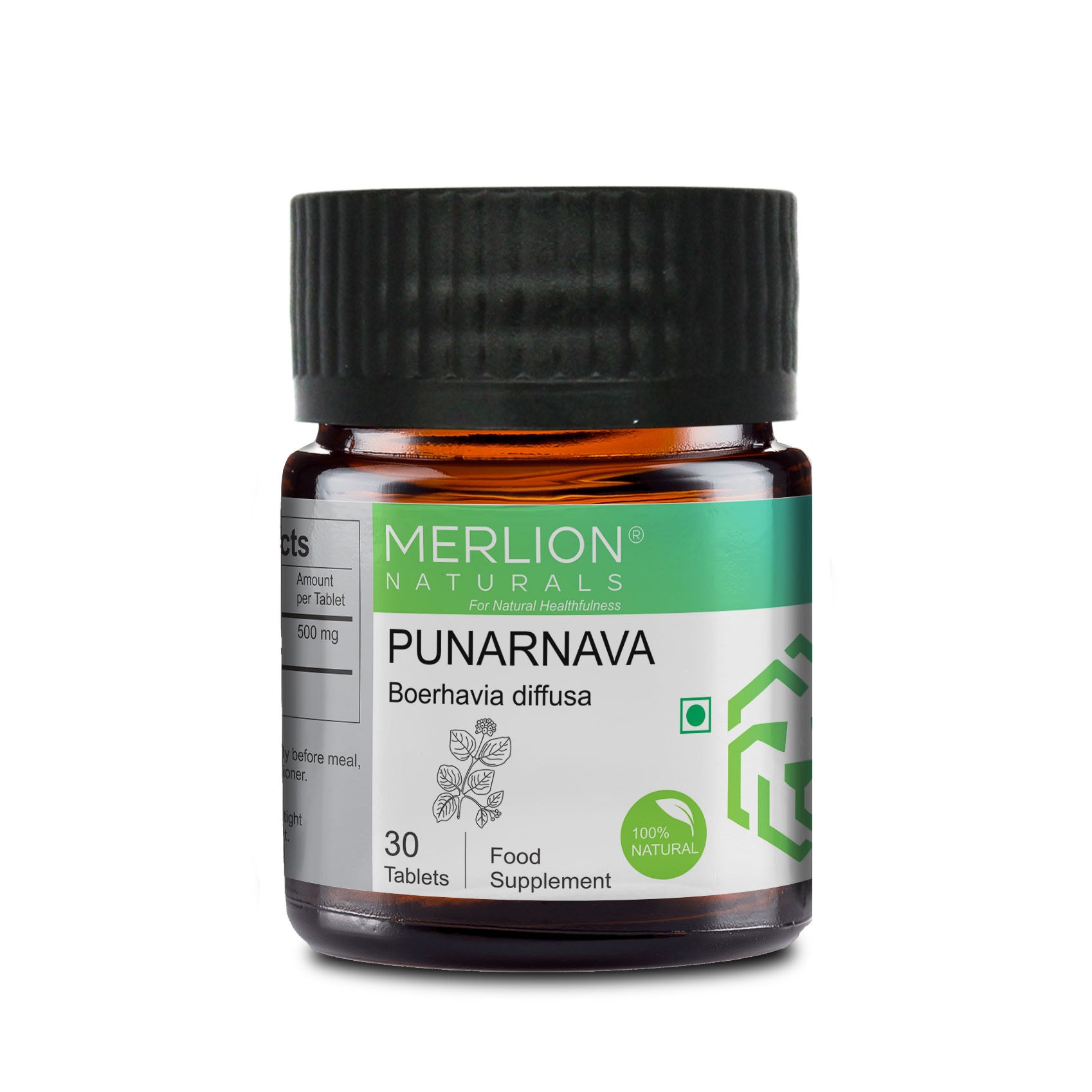 Merlion Naturals Punarnava Tablets 500mg (30 Tablets), Front View view, Kidney Health, Diuretic, Anti-inflammatory
