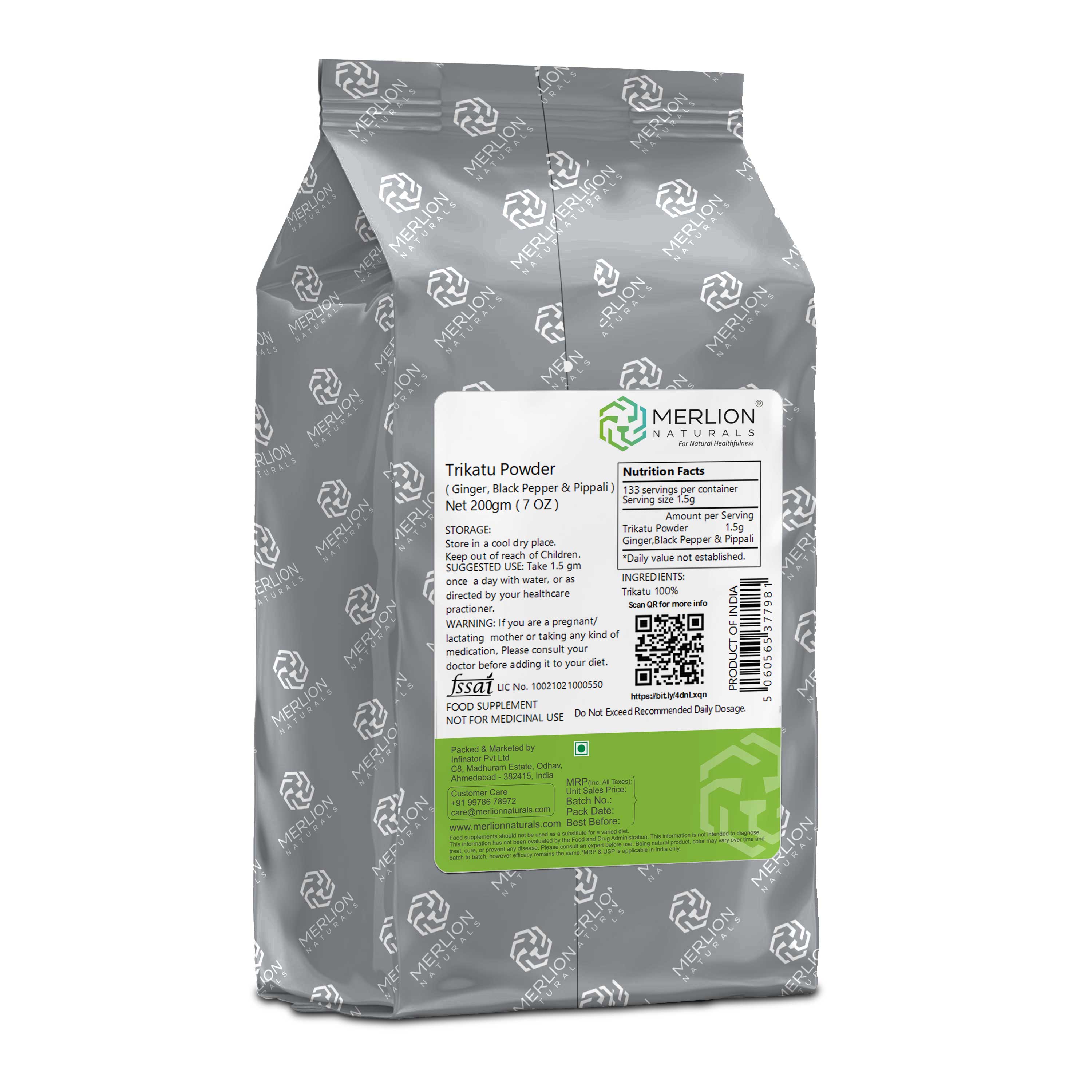 Merlion Naturals Trikatu Powder 200gm, Back view, Digestion, Metabolism, Respiratory Health, Circulation, Dosha Balance
