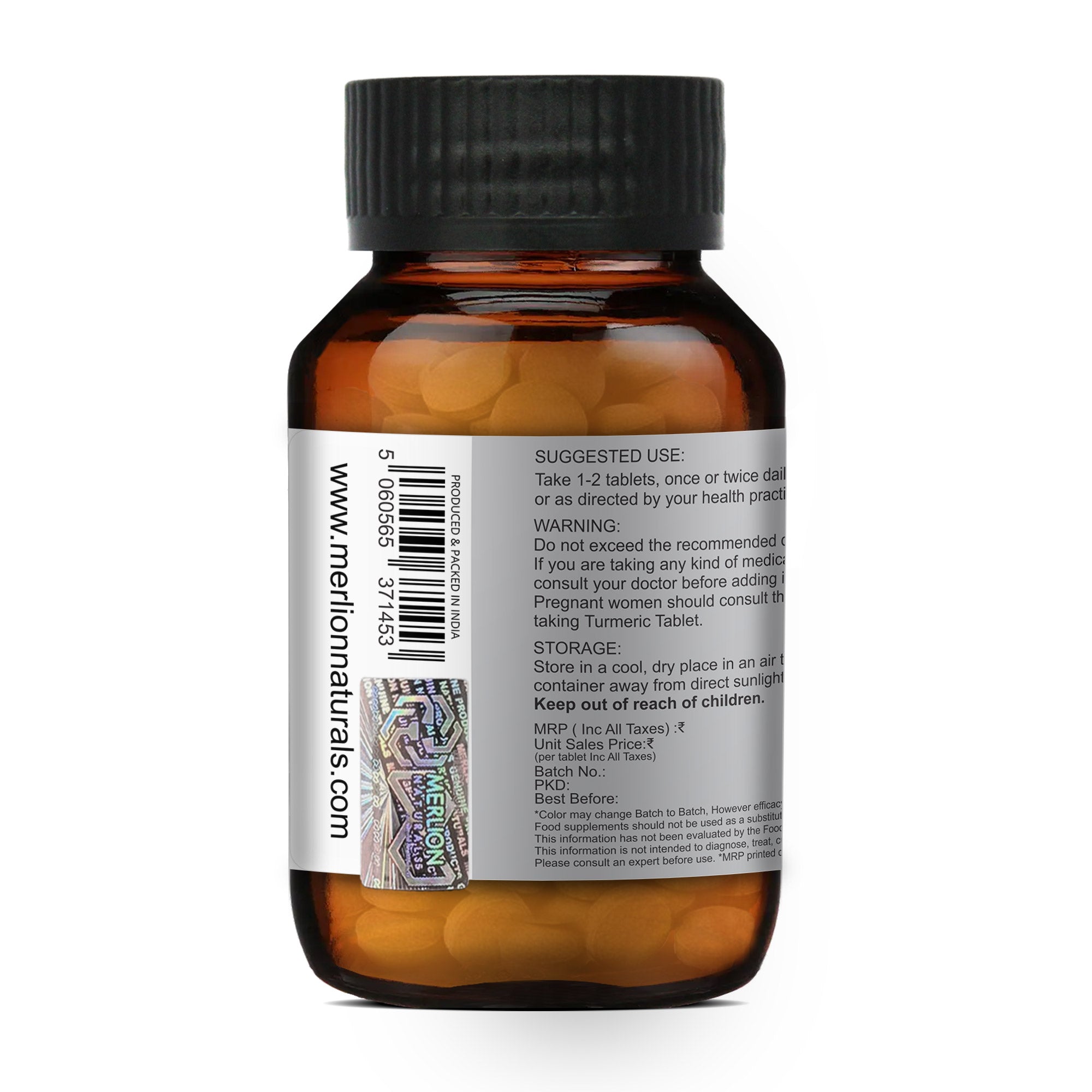 Merlion Naturals Turmeric Tablets 500mg (120 Tablets), Side View view, Anti-inflammatory, Antioxidant, Digestion
