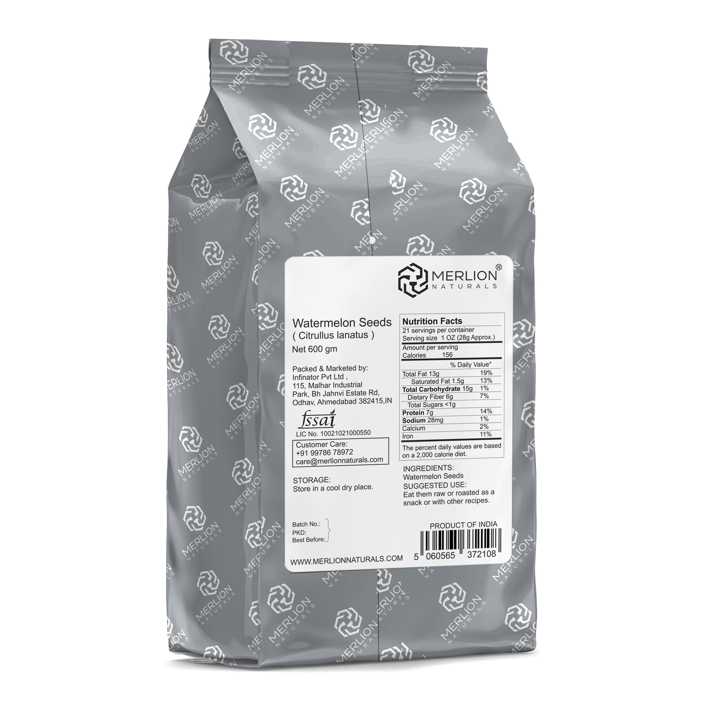 Merlion Naturals Watermelon Seeds 600gm, Back view, Protein Rich, Heart Health, Immunity, Skin Health, Digestion
